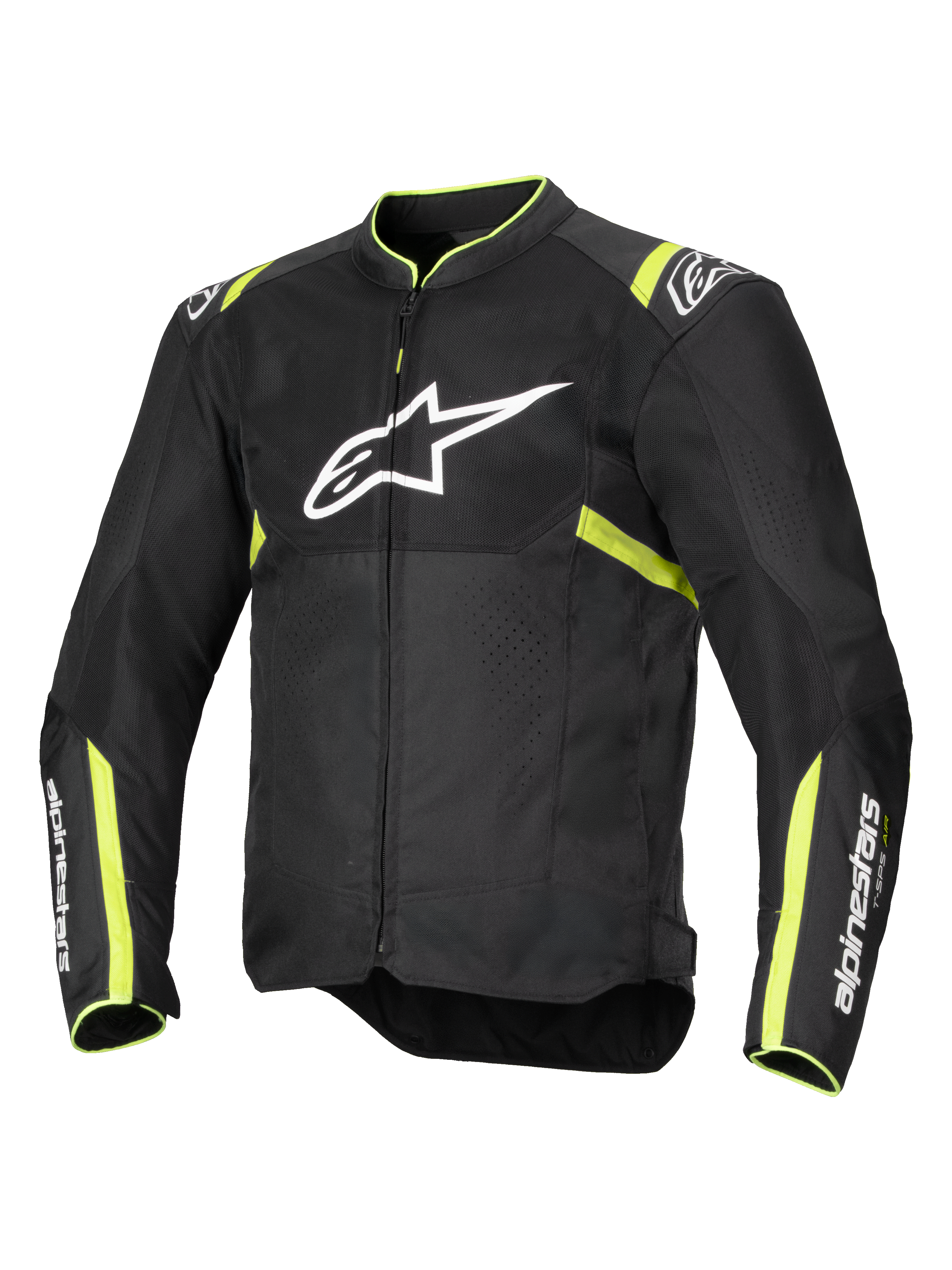 Kurtka Alpinestars T-Sps Air V2, kurtka motocyklowa, czarna z żółtymi fluorescencyjnymi akcentami, duże białe logo na klatce piersiowej, panele z siatki dla wentylacji, fluorescencyjne żółte detale na ramionach i rękawach, sportowy design tekstylny