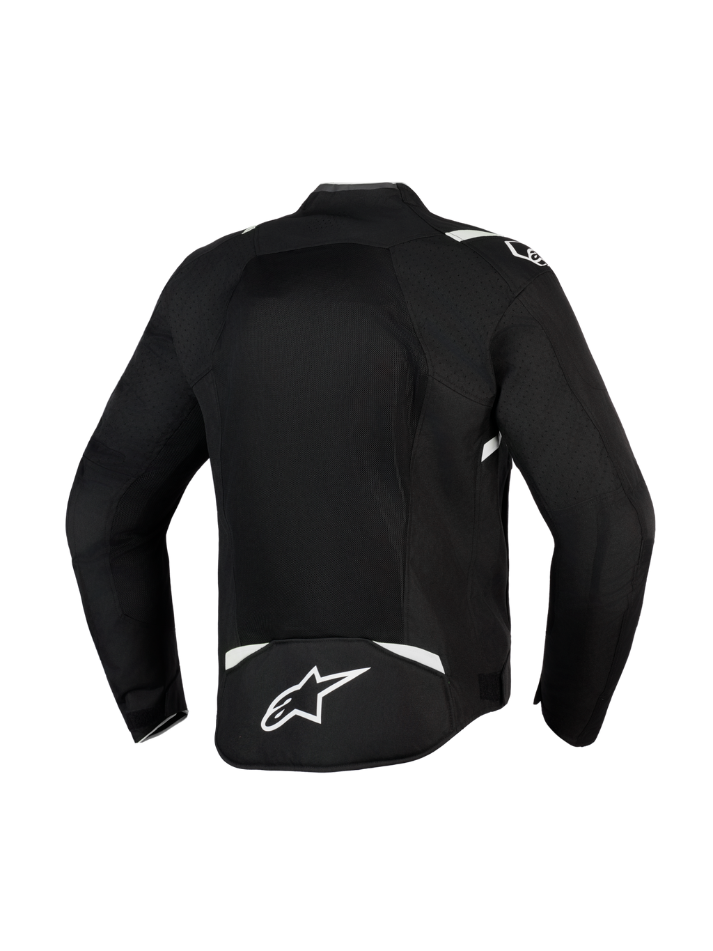 Alpinestars T-Sps Air V2 Jacket, czarno-biała, widok z tyłu ukazujący duży panel z siatki zapewniający maksymalny przepływ powietrza, wytrzymała konstrukcja z tkaniny poliestrowej 600D z białymi akcentami i logo gwiazdy w dolnej części pleców, tekstylna kurtka motocyklowa do jazdy miejskiej