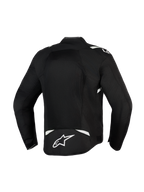 Alpinestars T-Sps Air V2 Jacket, czarno-biała, widok z tyłu ukazujący duży panel z siatki zapewniający maksymalny przepływ powietrza, wytrzymała konstrukcja z tkaniny poliestrowej 600D z białymi akcentami i logo gwiazdy w dolnej części pleców, tekstylna kurtka motocyklowa do jazdy miejskiej
