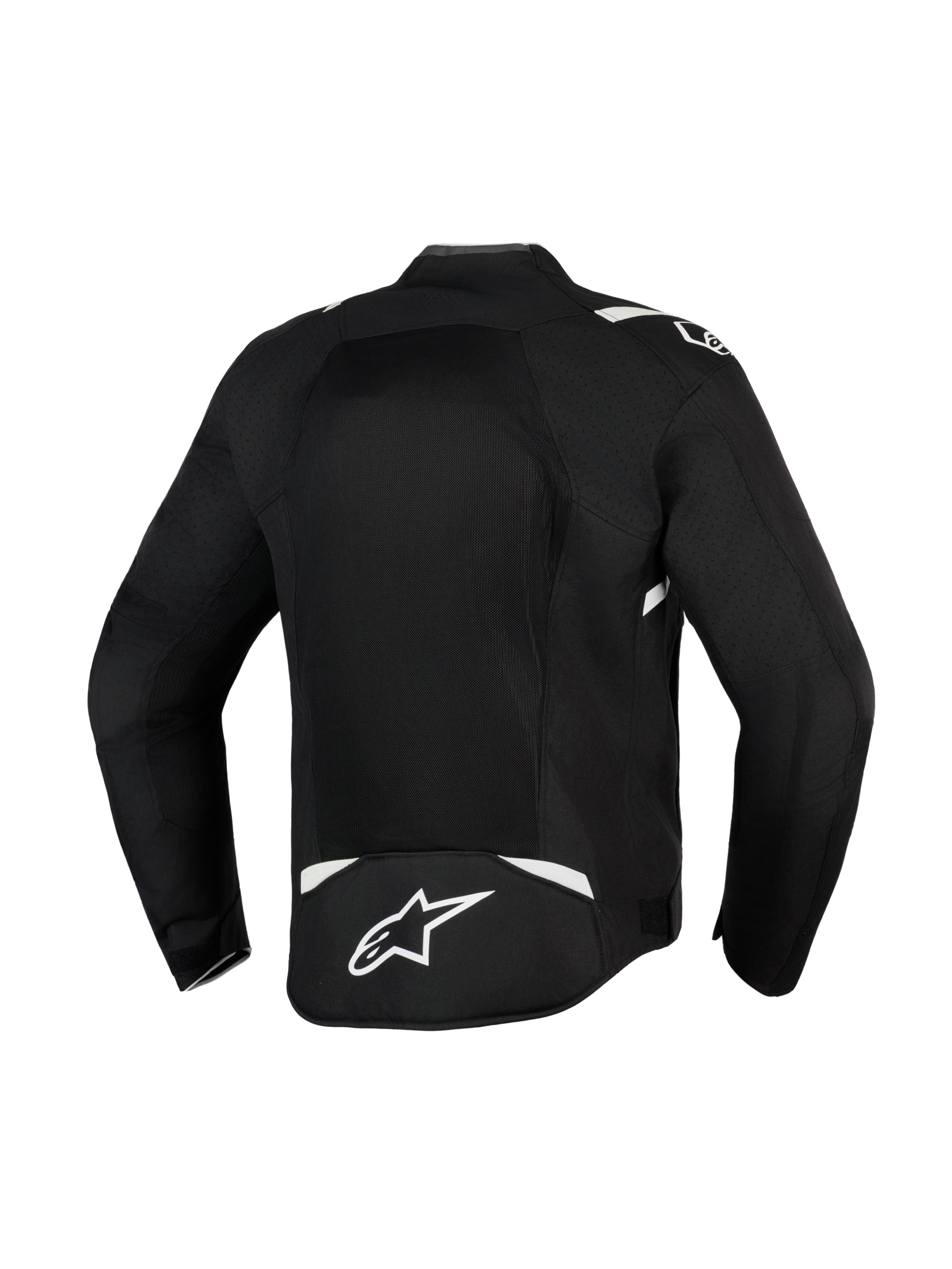 Alpinestars T-Sps Air V2 Jacket, czarno-biała, widok z tyłu ukazujący duży panel z siatki zapewniający maksymalny przepływ powietrza, wytrzymała konstrukcja z tkaniny poliestrowej 600D z białymi akcentami i logo gwiazdy w dolnej części pleców, tekstylna kurtka motocyklowa do jazdy miejskiej