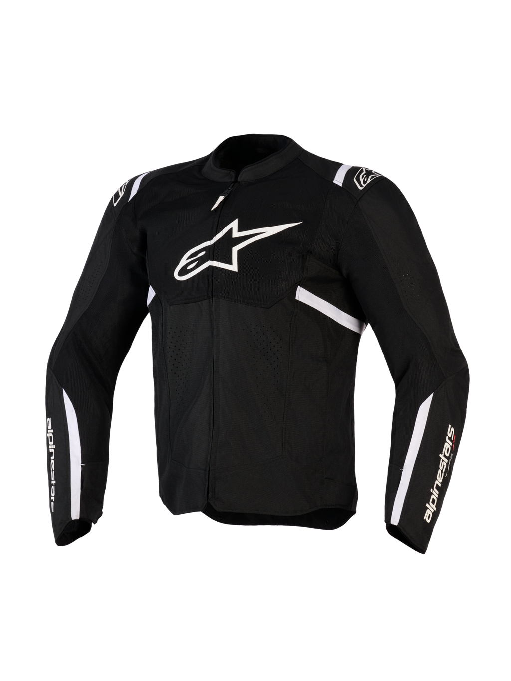 Kurtka Alpinestars T-SPS Air v2, tekstylna kurtka motocyklowa, czarno-biała, z dużym białym logo na klatce piersiowej i panelami z siatki zapewniającymi przepływ powietrza, sportowy design z brandingiem Alpinestars na rękawach