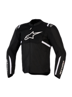 Kurtka Alpinestars T-SPS Air v2, tekstylna kurtka motocyklowa, czarno-biała, z dużym białym logo na klatce piersiowej i panelami z siatki zapewniającymi przepływ powietrza, sportowy design z brandingiem Alpinestars na rękawach