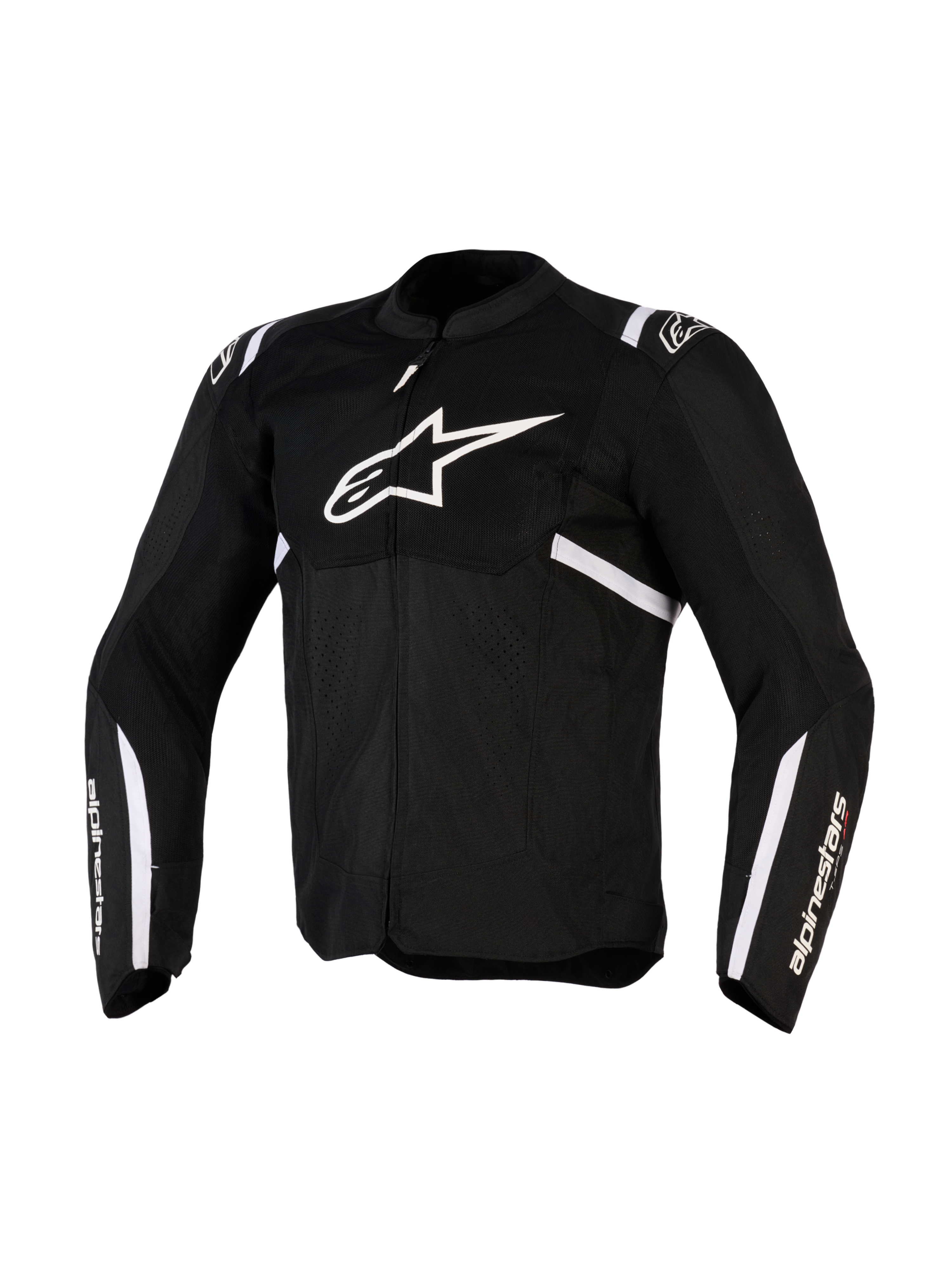 Kurtka Alpinestars T-SPS Air v2, tekstylna kurtka motocyklowa, czarno-biała, z dużym białym logo na klatce piersiowej i panelami z siatki zapewniającymi przepływ powietrza, sportowy design z brandingiem Alpinestars na rękawach
