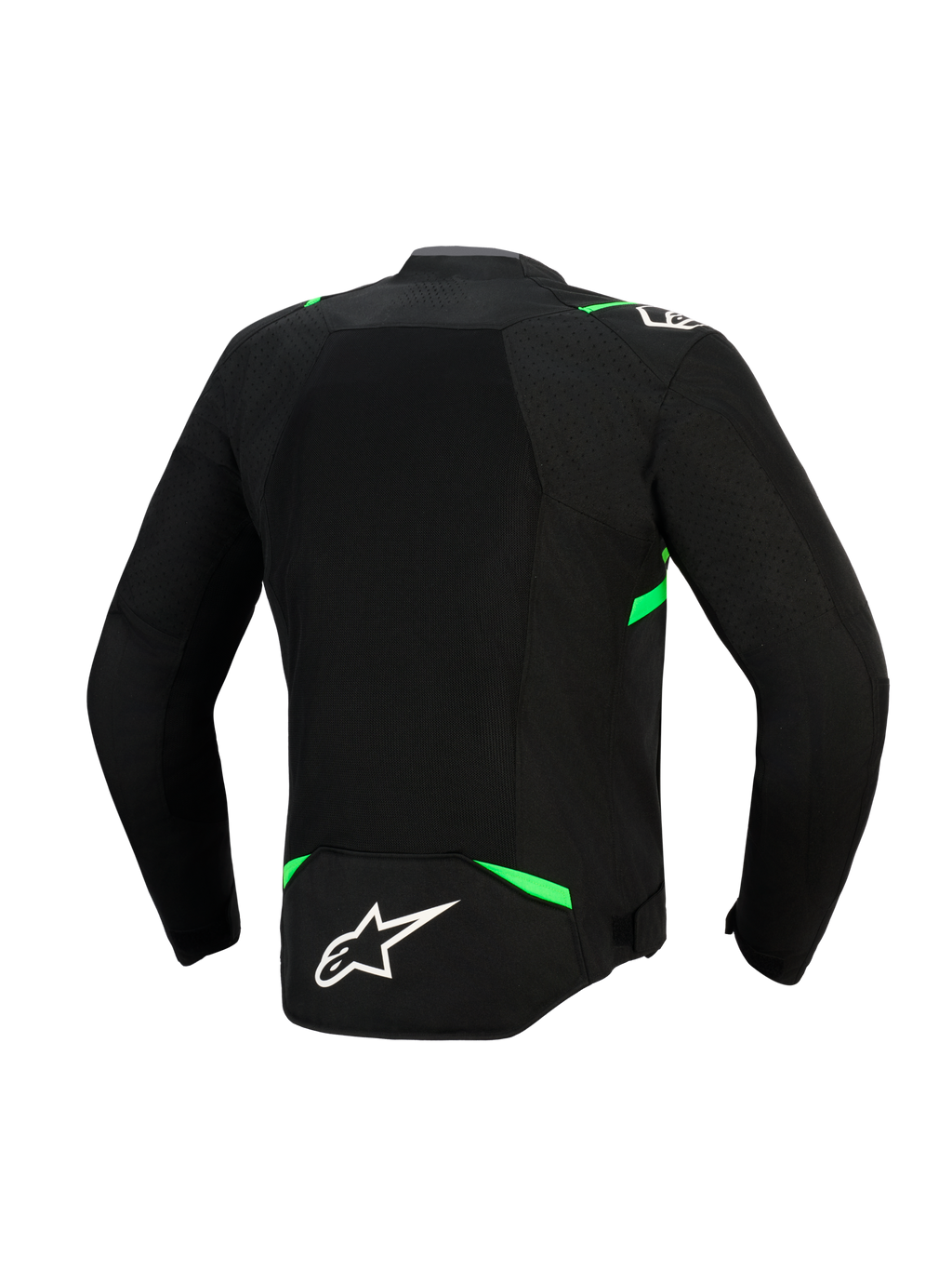 Kurtka Alpinestars T-SPS Air V2, widok z tyłu, czarno-neonowo-zielona, wyposażona w duży panel z siatki technicznej dla maksymalnego przepływu powietrza, neonowo-zielone akcenty na ramionach i w talii oraz białe logo Alpinestars w dolnej części pleców.