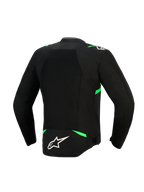 Kurtka Alpinestars T-SPS Air V2, widok z tyłu, czarno-neonowo-zielona, wyposażona w duży panel z siatki technicznej dla maksymalnego przepływu powietrza, neonowo-zielone akcenty na ramionach i w talii oraz białe logo Alpinestars w dolnej części pleców.
