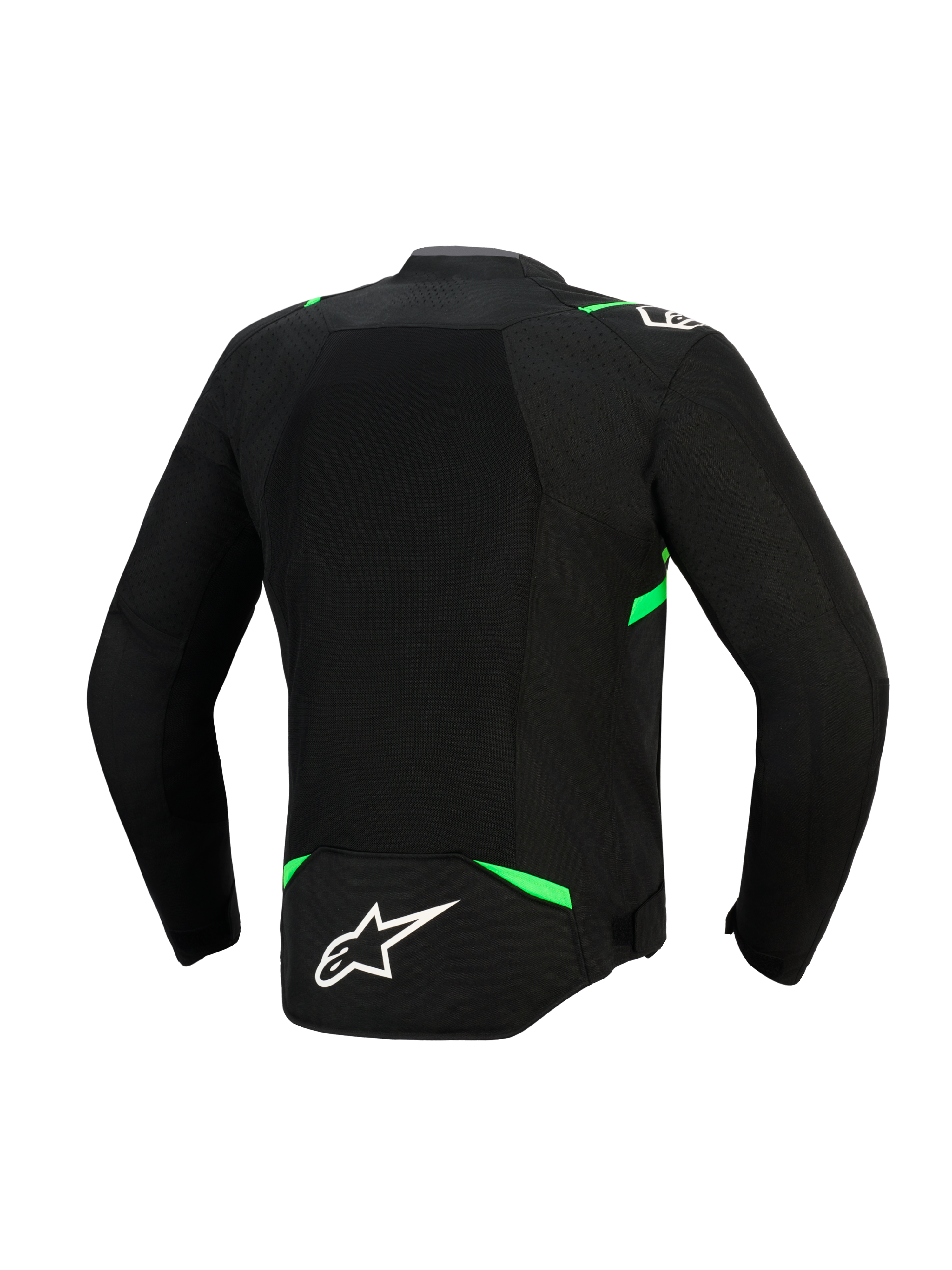 Kurtka Alpinestars T-SPS Air V2, widok z tyłu, czarno-neonowo-zielona, wyposażona w duży panel z siatki technicznej dla maksymalnego przepływu powietrza, neonowo-zielone akcenty na ramionach i w talii oraz białe logo Alpinestars w dolnej części pleców.