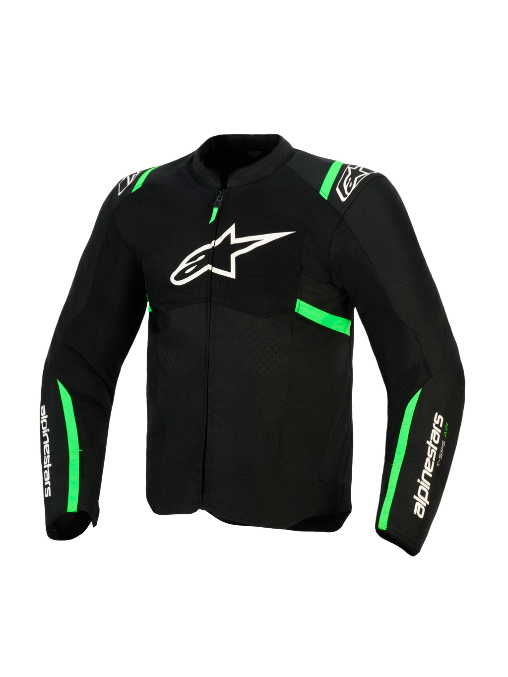 Kurtka Alpinestars T-SPS Air V2, czarno-zielona (fluo green), widok z przodu, białe logo Alpinestars na klatce piersiowej, panele z siatki technicznej dla wentylacji, zielone akcenty na ramionach i rękawach, sportowa odzież motocyklowa