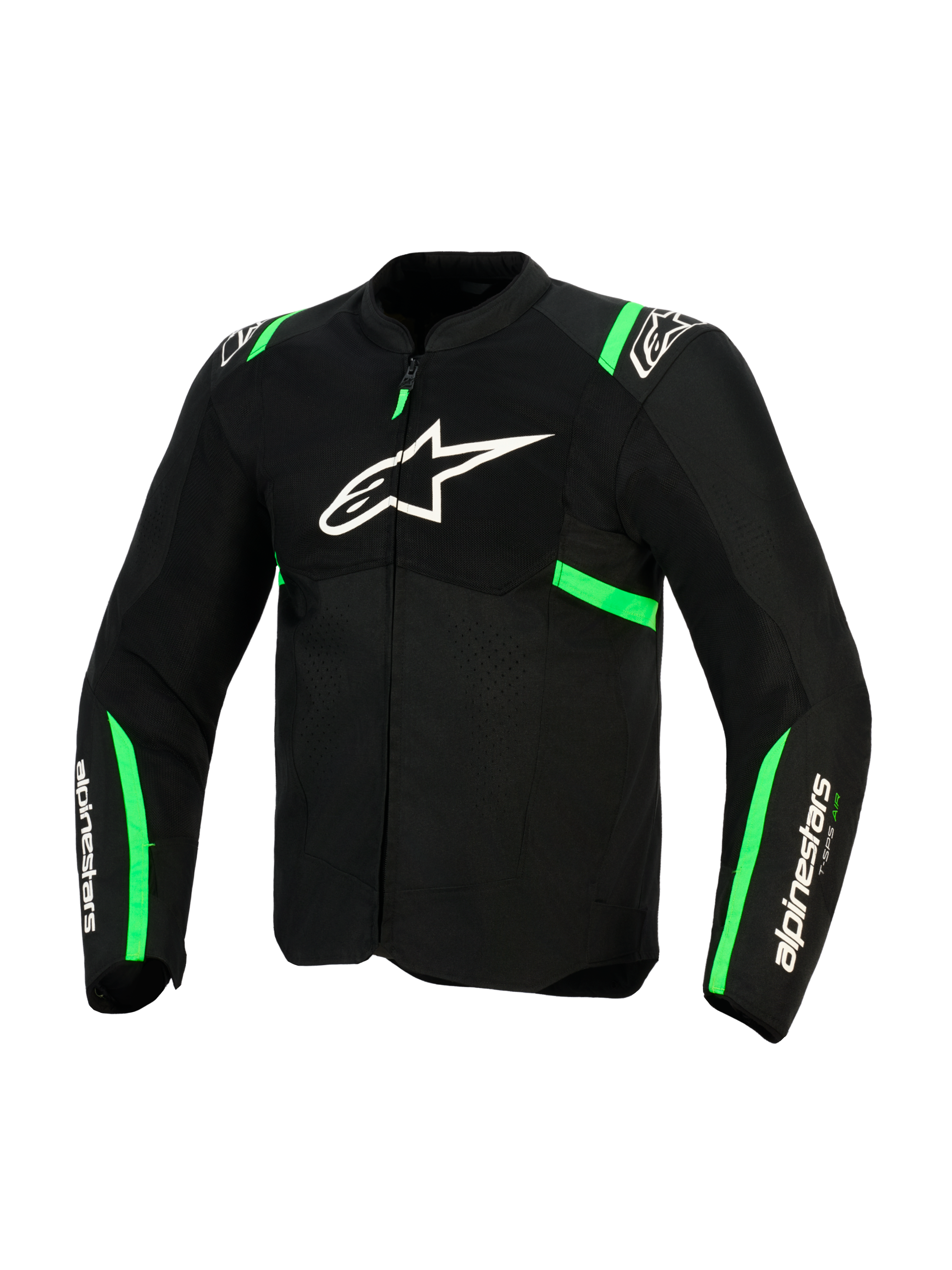 Kurtka Alpinestars T-SPS Air V2, czarno-zielona (fluo green), widok z przodu, białe logo Alpinestars na klatce piersiowej, panele z siatki technicznej dla wentylacji, zielone akcenty na ramionach i rękawach, sportowa odzież motocyklowa