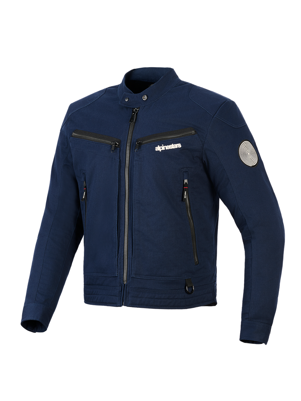 Kurtka Alpinestars Bruiser, miejska tekstylna kurtka motocyklowa, ciemnoniebieska, design inspirowany odzieżą roboczą z przednim zamkiem i kieszeniami na piersi, kołnierz na zatrzaski, spiralna naszywka Oscar na rękawie, współczesna estetyka streetwear