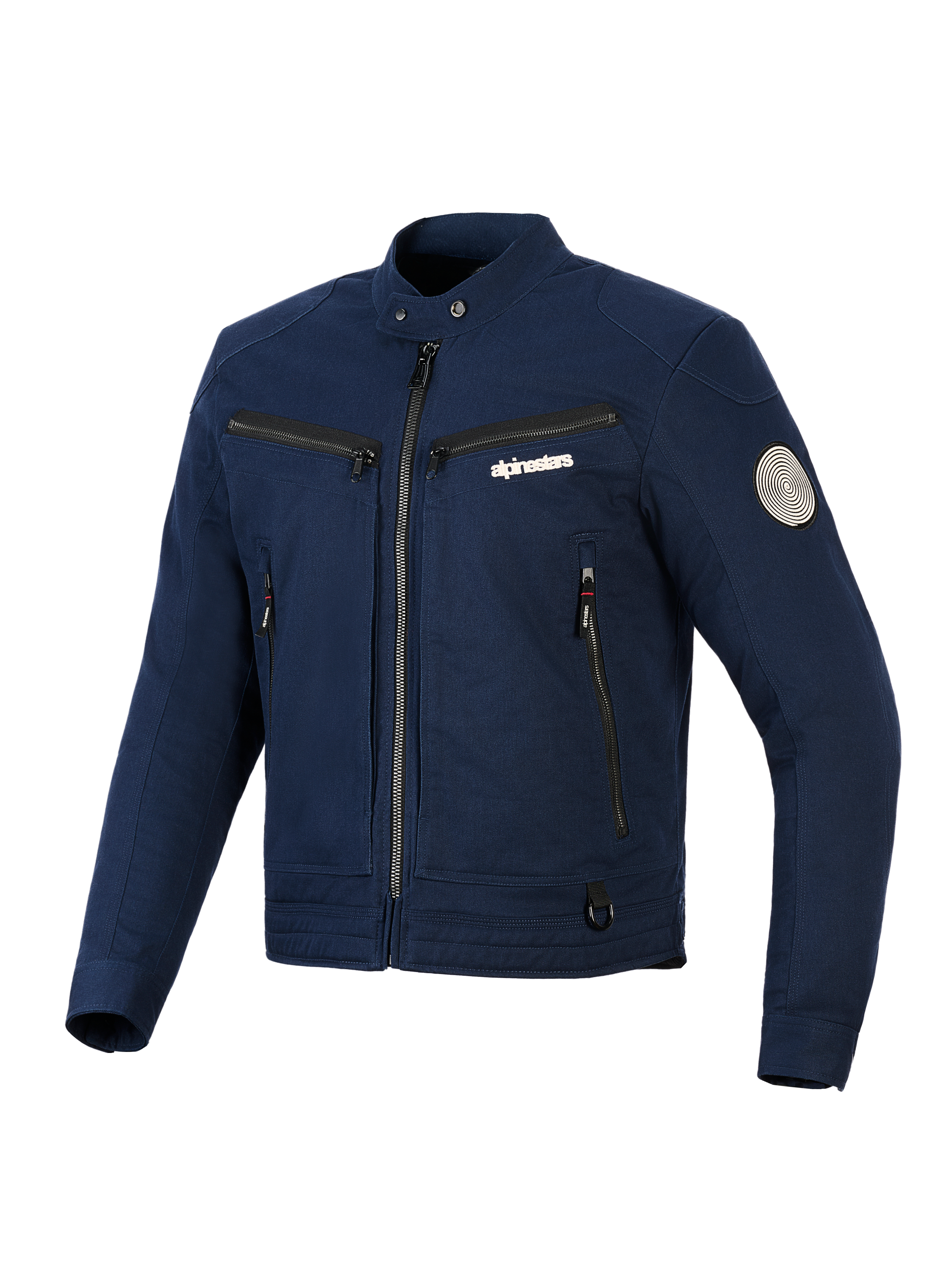 Kurtka Alpinestars Bruiser, miejska tekstylna kurtka motocyklowa, ciemnoniebieska, design inspirowany odzieżą roboczą z przednim zamkiem i kieszeniami na piersi, kołnierz na zatrzaski, spiralna naszywka Oscar na rękawie, współczesna estetyka streetwear