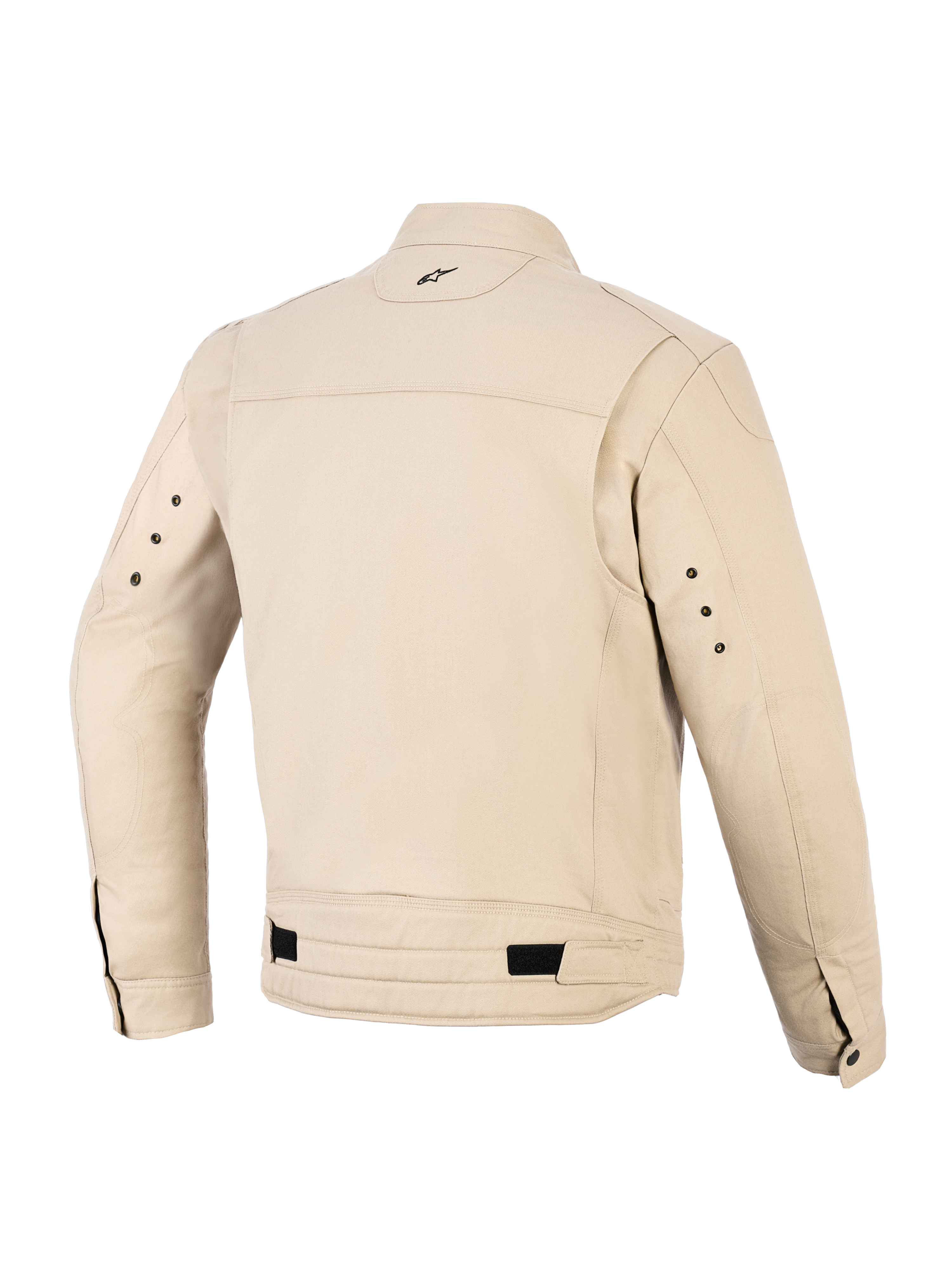 Kurtka Alpinestars Bruiser, miejska kurtka motocyklowa, beżowy kolor Aluminum, widok z tyłu przedstawiający plisowane panele na ramionach, regulowane paski w talii z czarnymi patkami, małe haftowane logo na karku oraz metalowe oczka z tyłu rękawów.