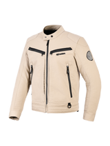 Alpinestars Bruiser Jacket, miejska kurtka motocyklowa, beżowa, konstrukcja tekstylna z czarnymi akcentami zamków, kołnierz na zatrzaski, liczne funkcjonalne kieszenie, okrągła naszywka z logo na rękawie, nowoczesny design inspirowany odzieżą roboczą