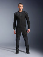 Alpinestars Troop-Air Pro Jacket, Black technical armored motorcycle jacket, featuring mesh panels and front zippers, worn with matching black pants and riding boots, premium urban road gear