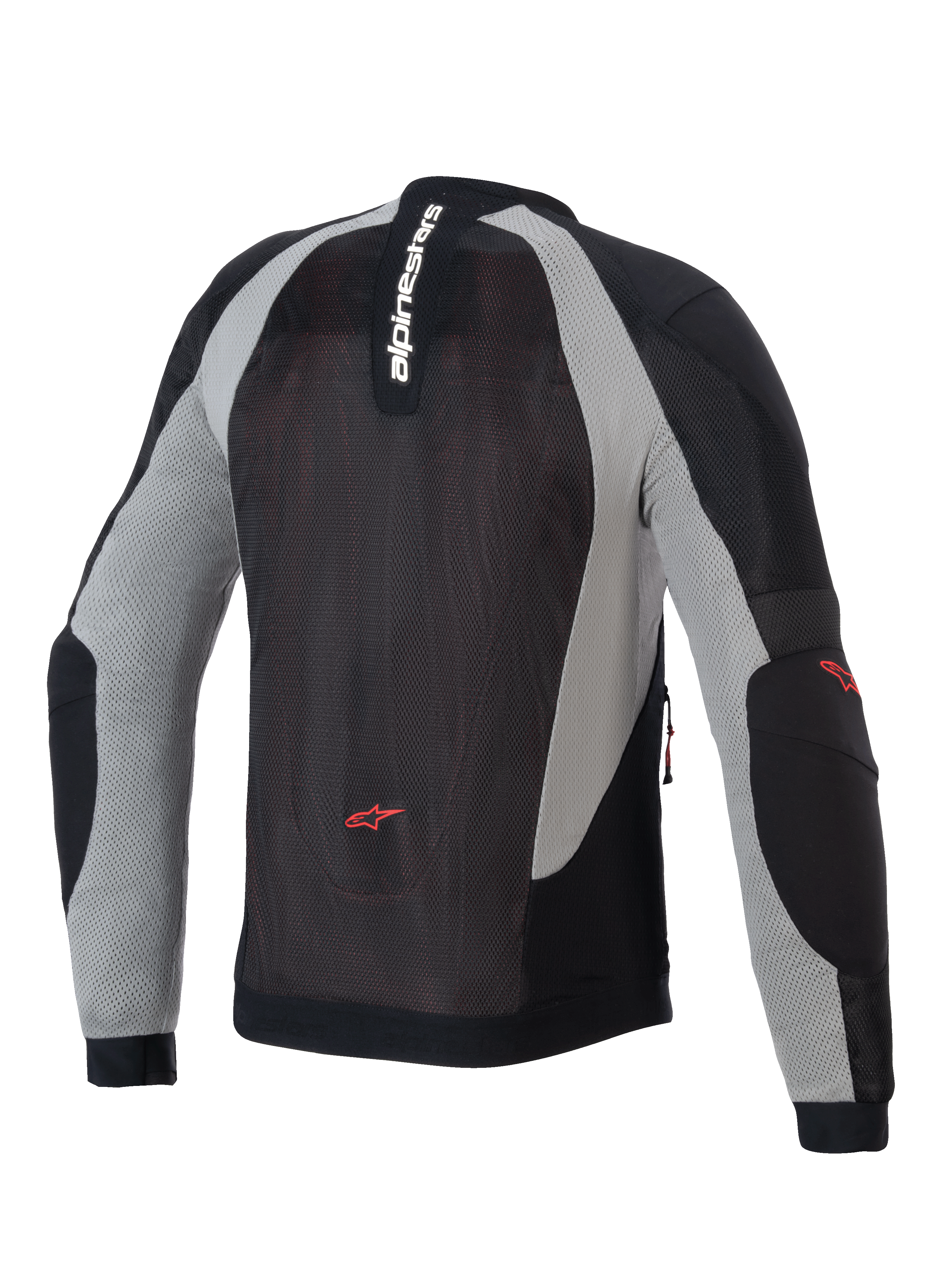 Alpinestars Troop-Air Jacket, motocyklowa kurtka przewiewna, kolory czarny, popielaty i jaskrawoczerwony, widok z tyłu ukazujący techniczną konstrukcję z siatki, pionowy napis Alpinestars na kołnierzu oraz czerwone logo gwiazdy na dole pleców i na łokciach.