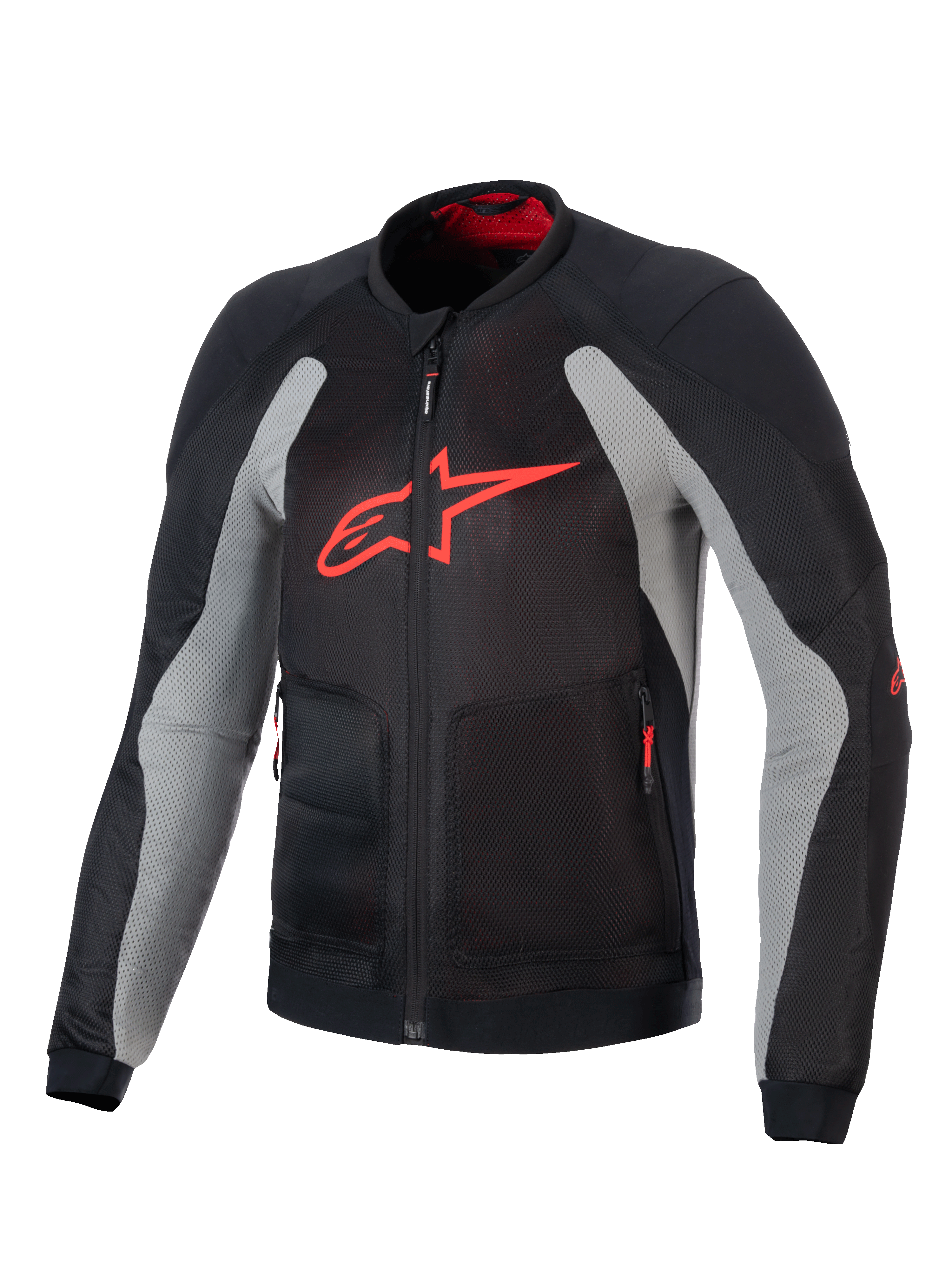 Alpinestars Troop-Air Jacket, techniczna motocyklowa kurtka powietrzna, czarna i popielata z jaskrawoczerwonymi elementami, duże czerwone logo A-star na piersi, siatkowa konstrukcja zapewniająca przepływ powietrza, techniczny design do jazdy.