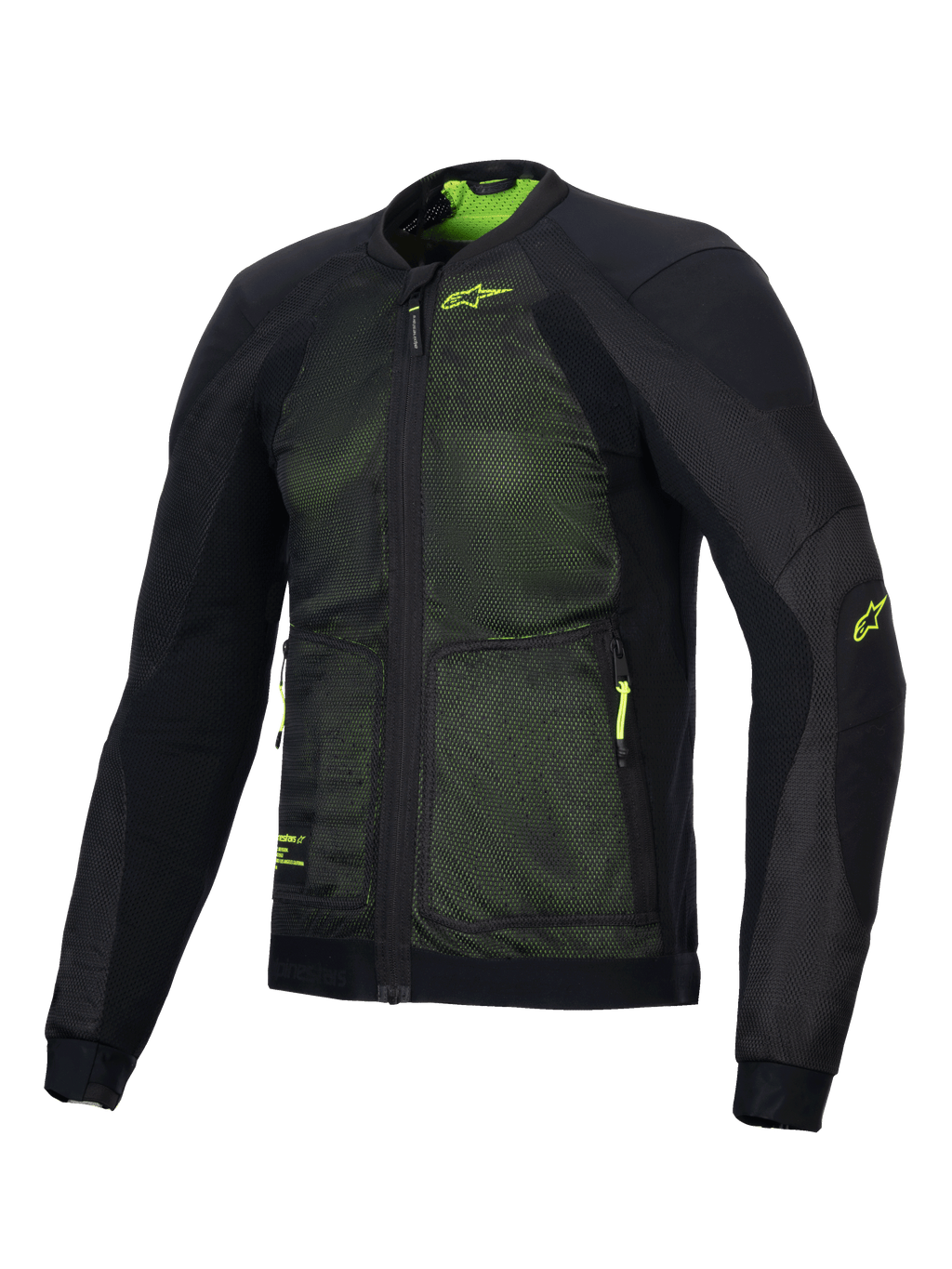 Alpinestars Troop-Air Jacket, zaawansowana motocyklowa kurtka typu air, czarno-żółta fluo, konstrukcja z technicznej siatki 2D zapewniająca doskonały przepływ powietrza, neonowożółte logo Alpinestars na piersi i rękawie, lekka i oddychająca konstrukcja do letniej jazdy szosowej