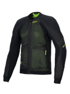 Alpinestars Troop-Air Jacket, zaawansowana motocyklowa kurtka typu air, czarno-żółta fluo, konstrukcja z technicznej siatki 2D zapewniająca doskonały przepływ powietrza, neonowożółte logo Alpinestars na piersi i rękawie, lekka i oddychająca konstrukcja do letniej jazdy szosowej