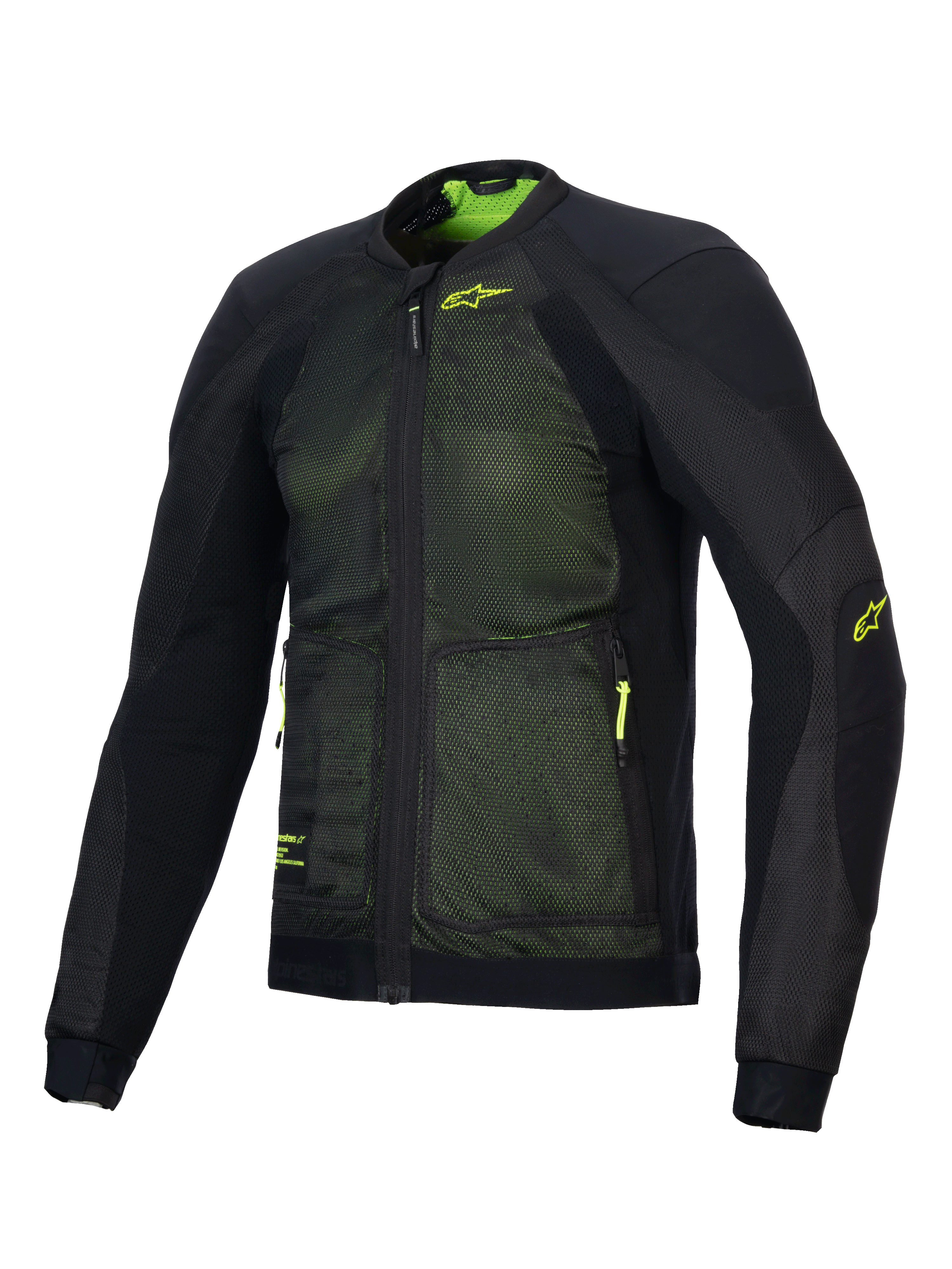 Alpinestars Troop-Air Jacket, zaawansowana motocyklowa kurtka typu air, czarno-żółta fluo, konstrukcja z technicznej siatki 2D zapewniająca doskonały przepływ powietrza, neonowożółte logo Alpinestars na piersi i rękawie, lekka i oddychająca konstrukcja do letniej jazdy szosowej