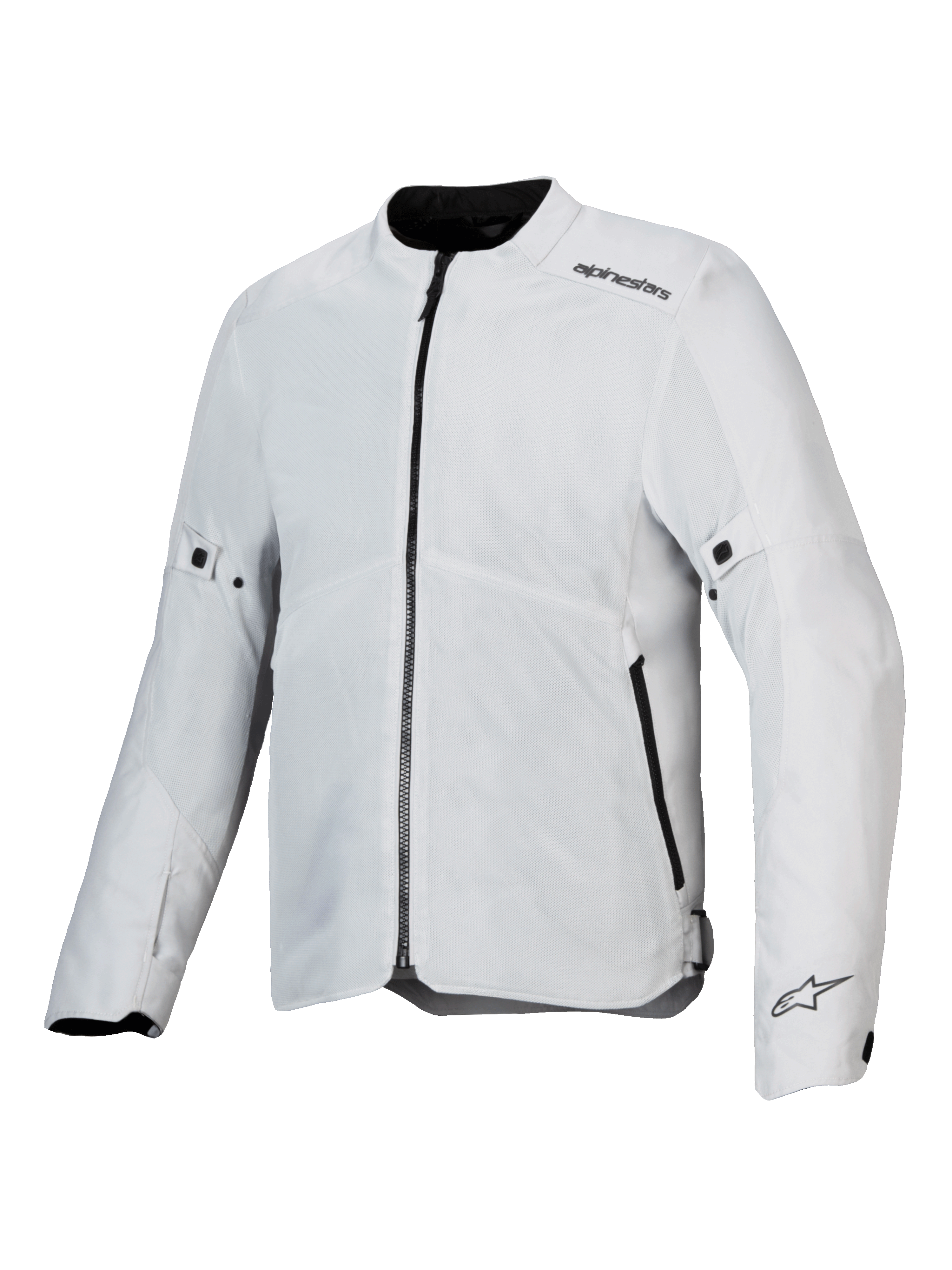 Kurtka Alpinestars C-1 Air, kurtka motocyklowa, srebrna, lekka konstrukcja tekstylna z panelami z siatki technicznej, widok z przodu z centralnym czarnym zamkiem błyskawicznym i bocznymi kieszeniami, logotypy Alpinestars na ramieniu i mankiecie, miejski styl