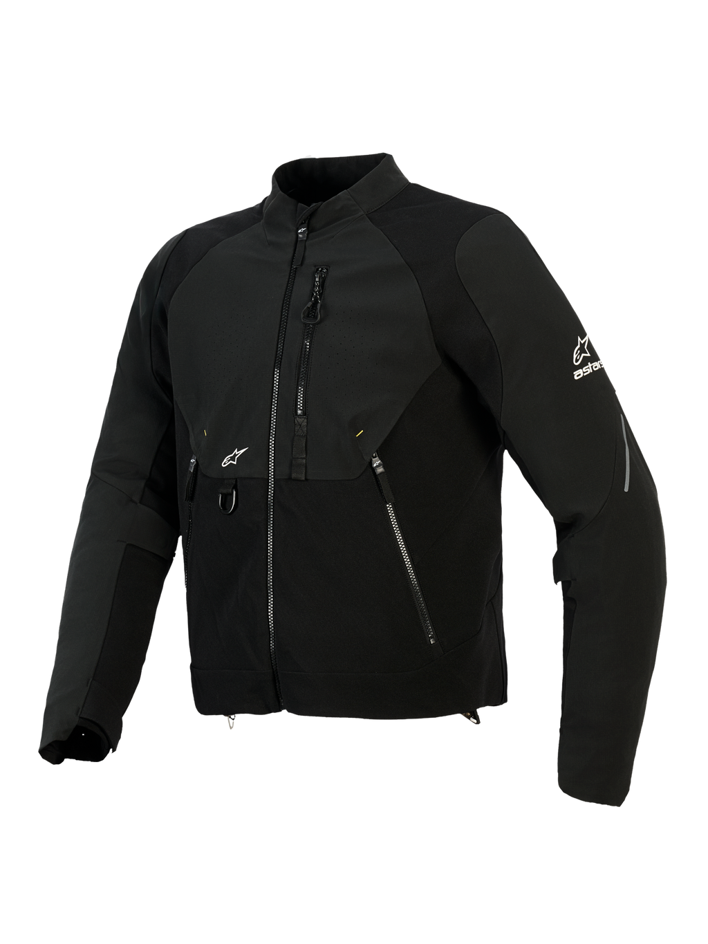 Kurtka Alpinestars Provoke, tekstylna kurtka motocyklowa, czarna, posiada panele softshell ripstop, laserowo perforowaną strefę klatki piersiowej, kieszenie na zamek, białe logo Alpinestars na rękawie i klatce piersiowej, miejska odzież motocyklowa