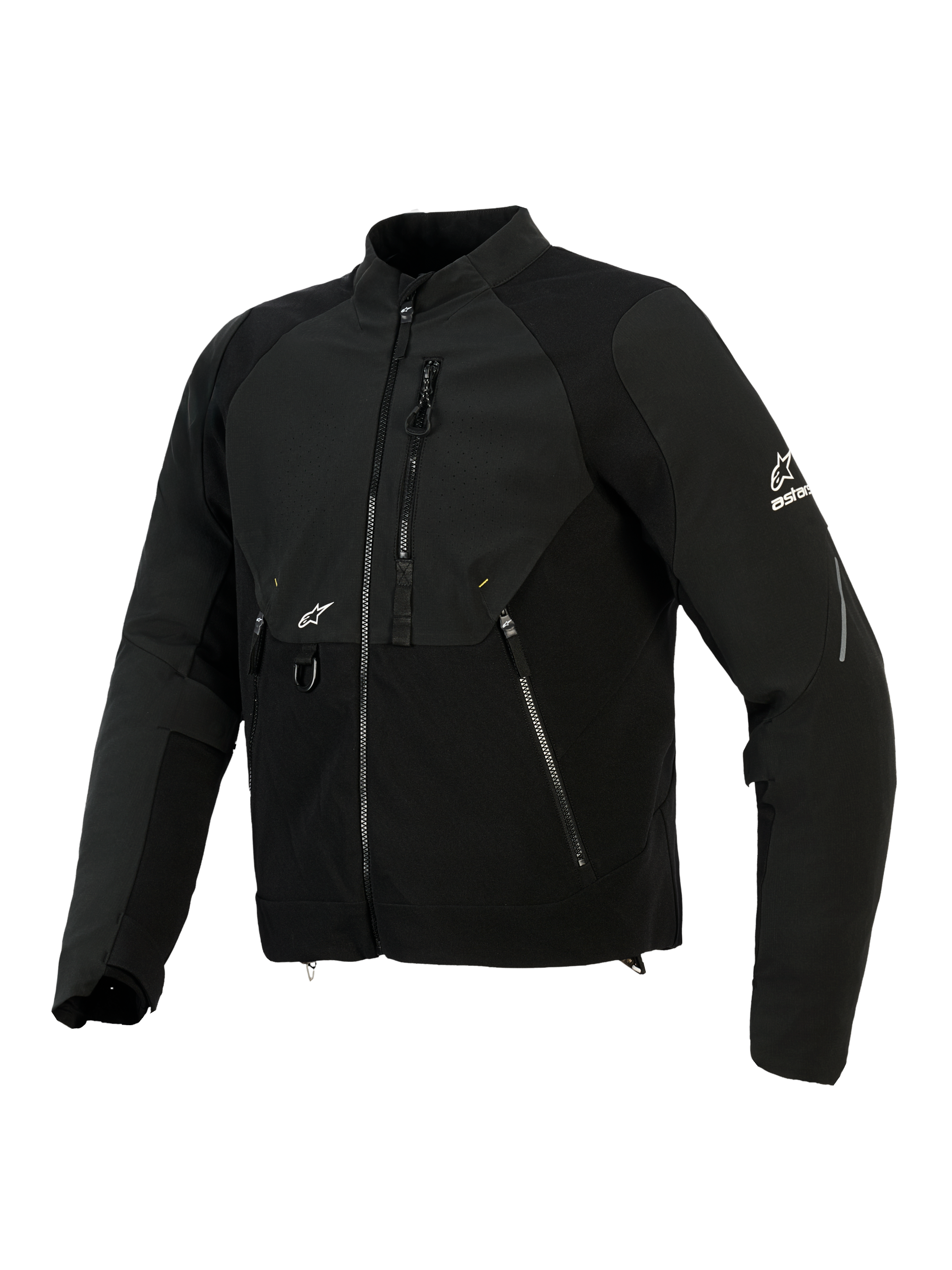 Kurtka Alpinestars Provoke, tekstylna kurtka motocyklowa, czarna, posiada panele softshell ripstop, laserowo perforowaną strefę klatki piersiowej, kieszenie na zamek, białe logo Alpinestars na rękawie i klatce piersiowej, miejska odzież motocyklowa
