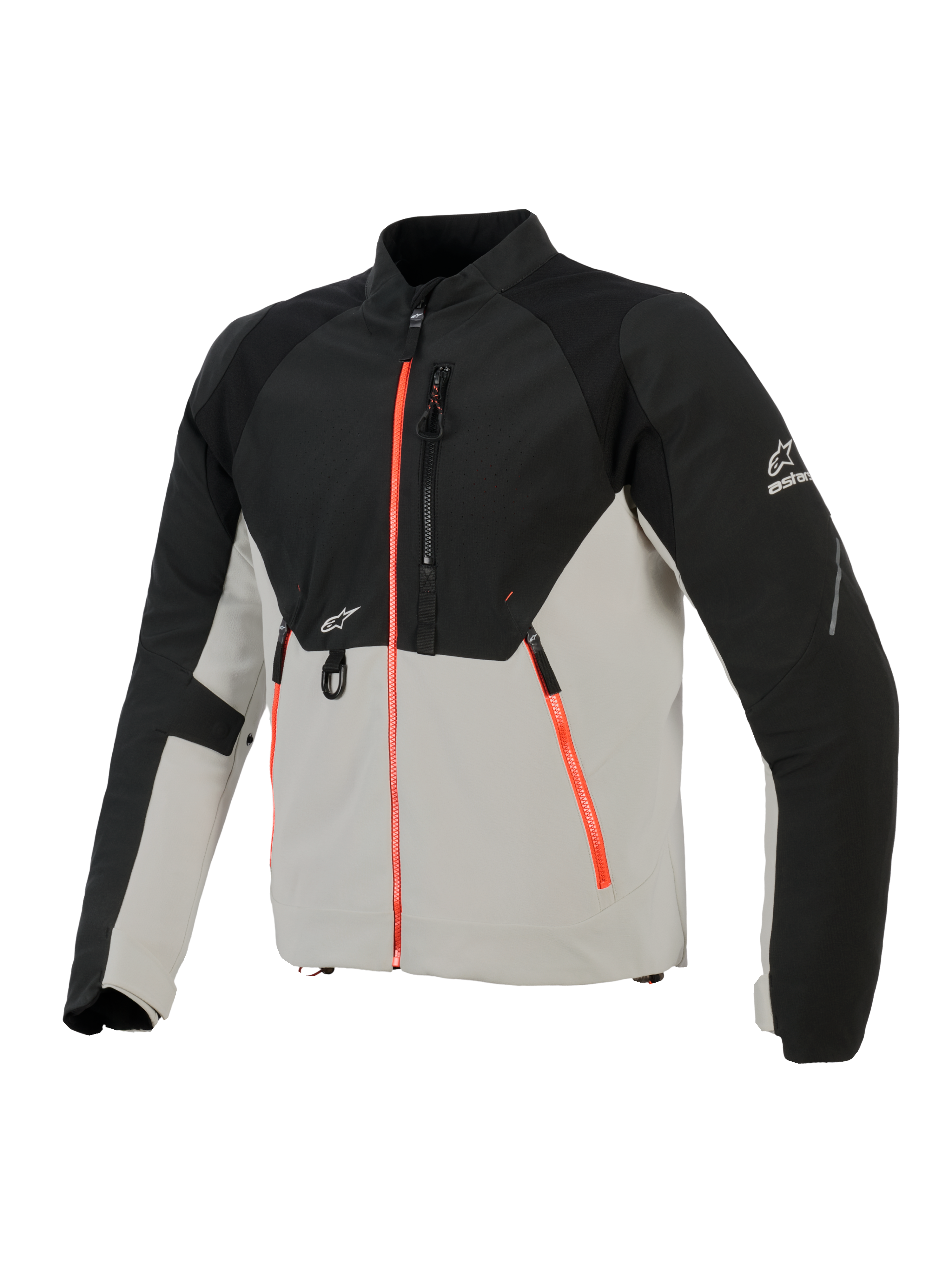 Alpinestars Provoke Jacket, miejska kurtka motocyklowa, czarna i metalicznie szara z fluorescencyjnymi czerwonymi akcentami przy zamkach, z laserowo perforowanymi panelami na klatce piersiowej, wzmocnieniami ripstop softshell i przednim mocowaniem D-ring, miejski design do jazdy w ciepłe dni