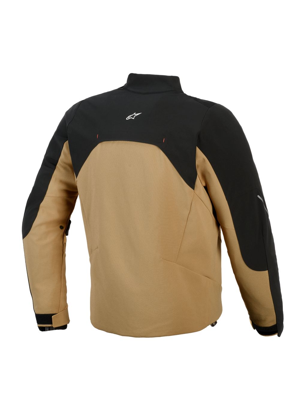 Kurtka Alpinestars Provoke, miejska kurtka motocyklowa, czarno-karmelowa, widok z tyłu przedstawiający czarny górny panel z białym logo, karmelowy korpus z materiału softshell, nowoczesna sylwetka z odblaskowymi akcentami, zaprojektowana dla motocyklistów miejskich