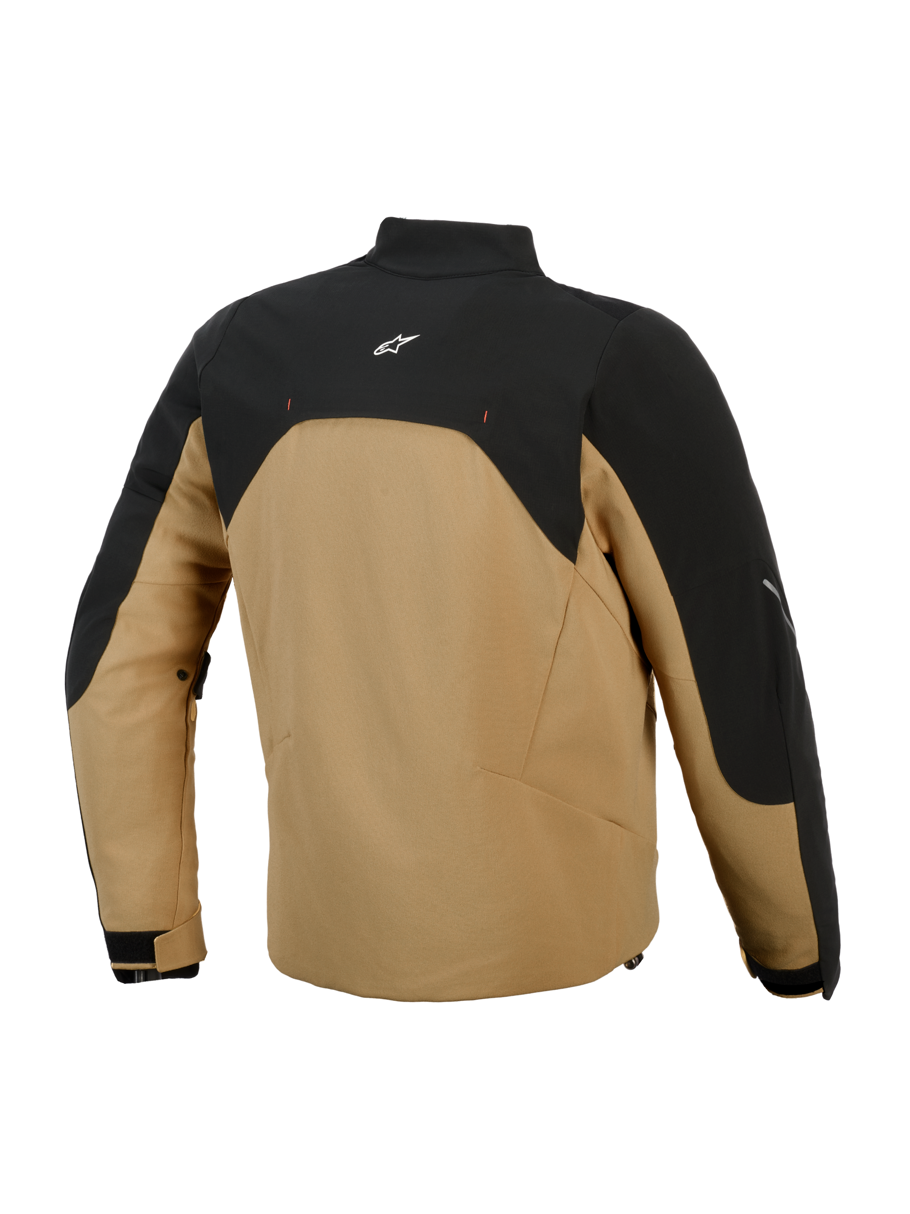 Kurtka Alpinestars Provoke, miejska kurtka motocyklowa, czarno-karmelowa, widok z tyłu przedstawiający czarny górny panel z białym logo, karmelowy korpus z materiału softshell, nowoczesna sylwetka z odblaskowymi akcentami, zaprojektowana dla motocyklistów miejskich