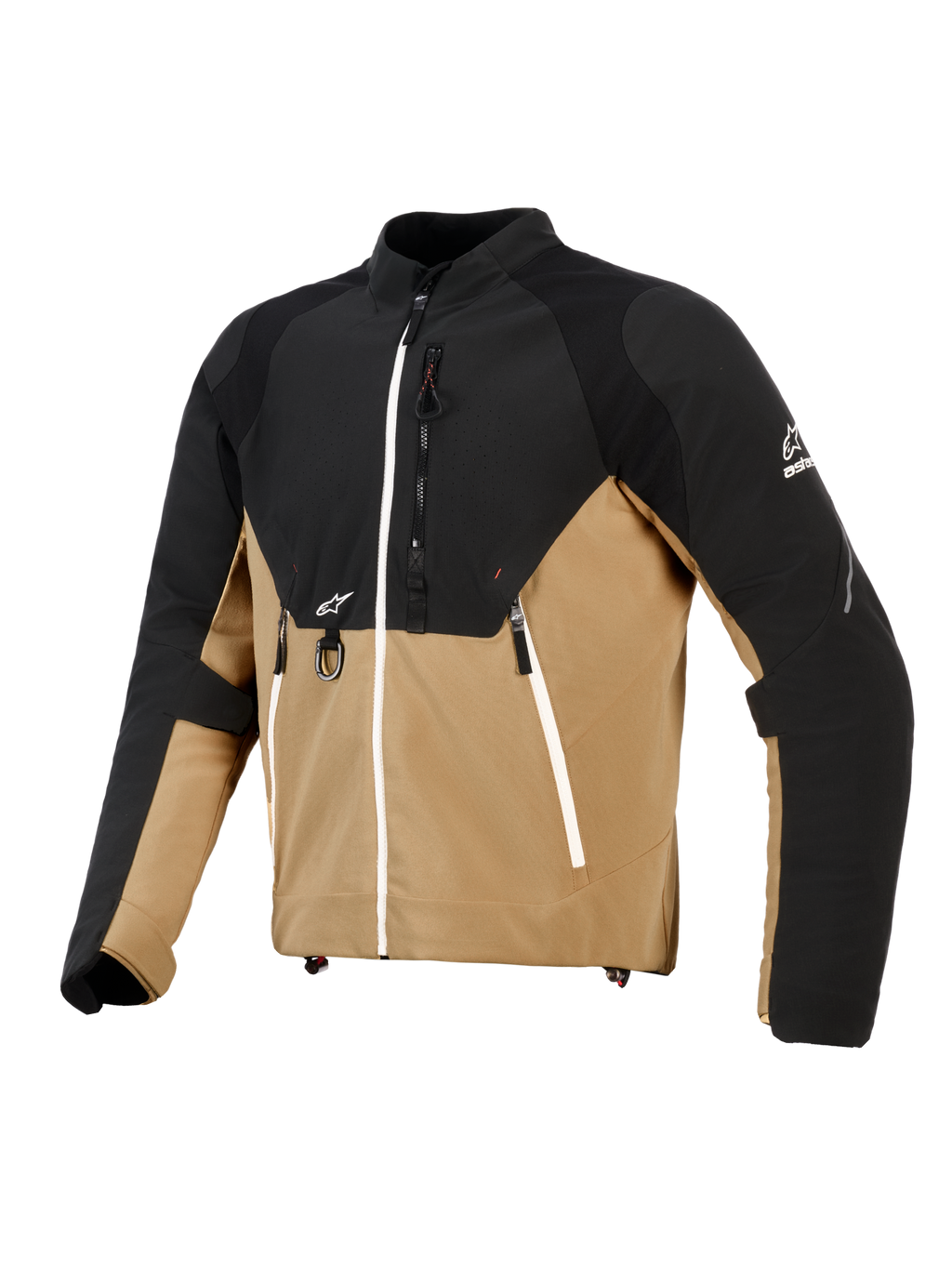 Kurtka Alpinestars Provoke, miejska kurtka motocyklowa, czarna i w kolorze camel, techniczna konstrukcja tekstylna z panelami ripstop, białe akcenty na zamkach, przedni metalowy D-ring, logo Alpinestars, nowoczesny design inspirowany odzieżą outdoorową