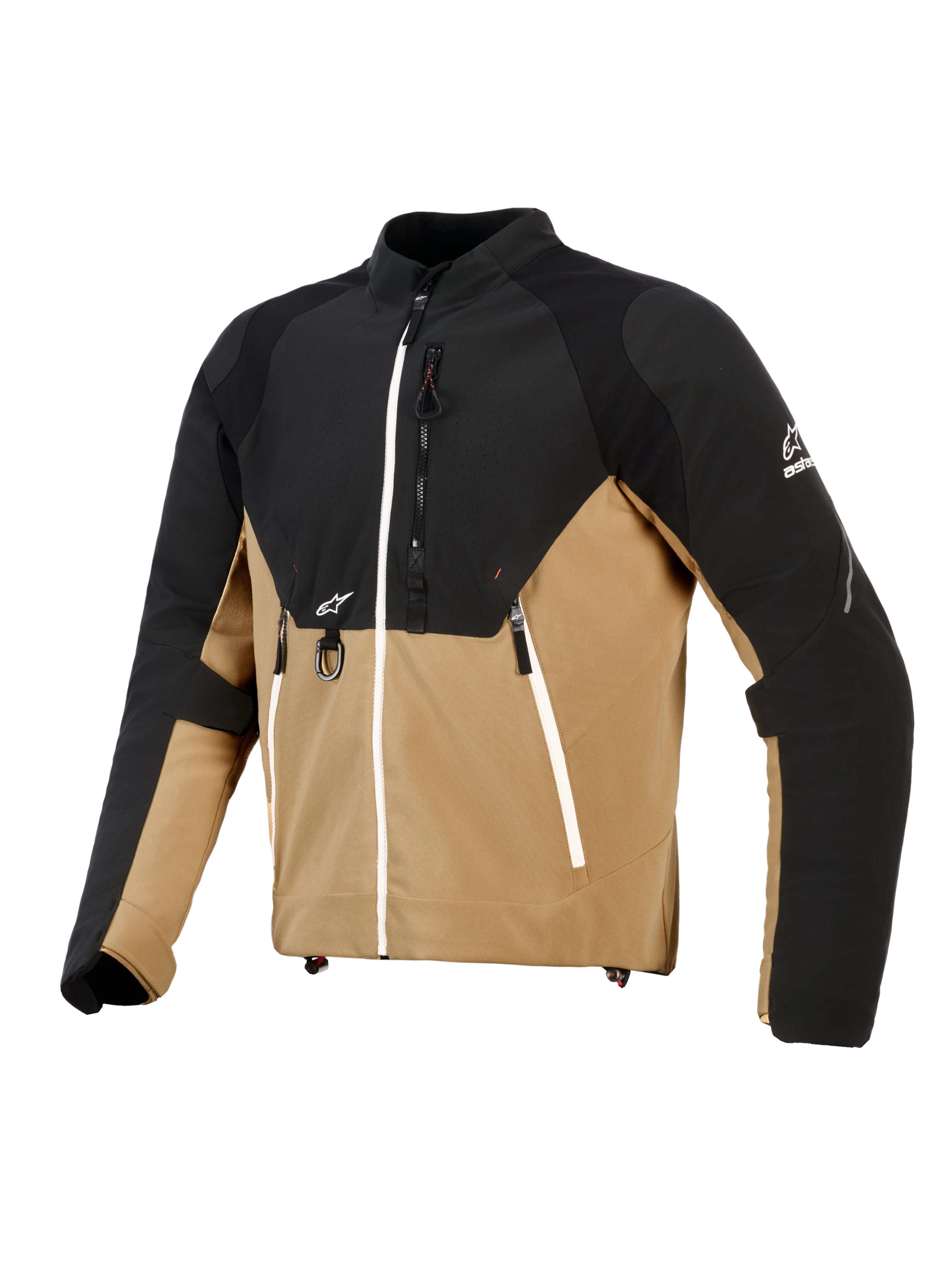 Kurtka Alpinestars Provoke, miejska kurtka motocyklowa, czarna i w kolorze camel, techniczna konstrukcja tekstylna z panelami ripstop, białe akcenty na zamkach, przedni metalowy D-ring, logo Alpinestars, nowoczesny design inspirowany odzieżą outdoorową