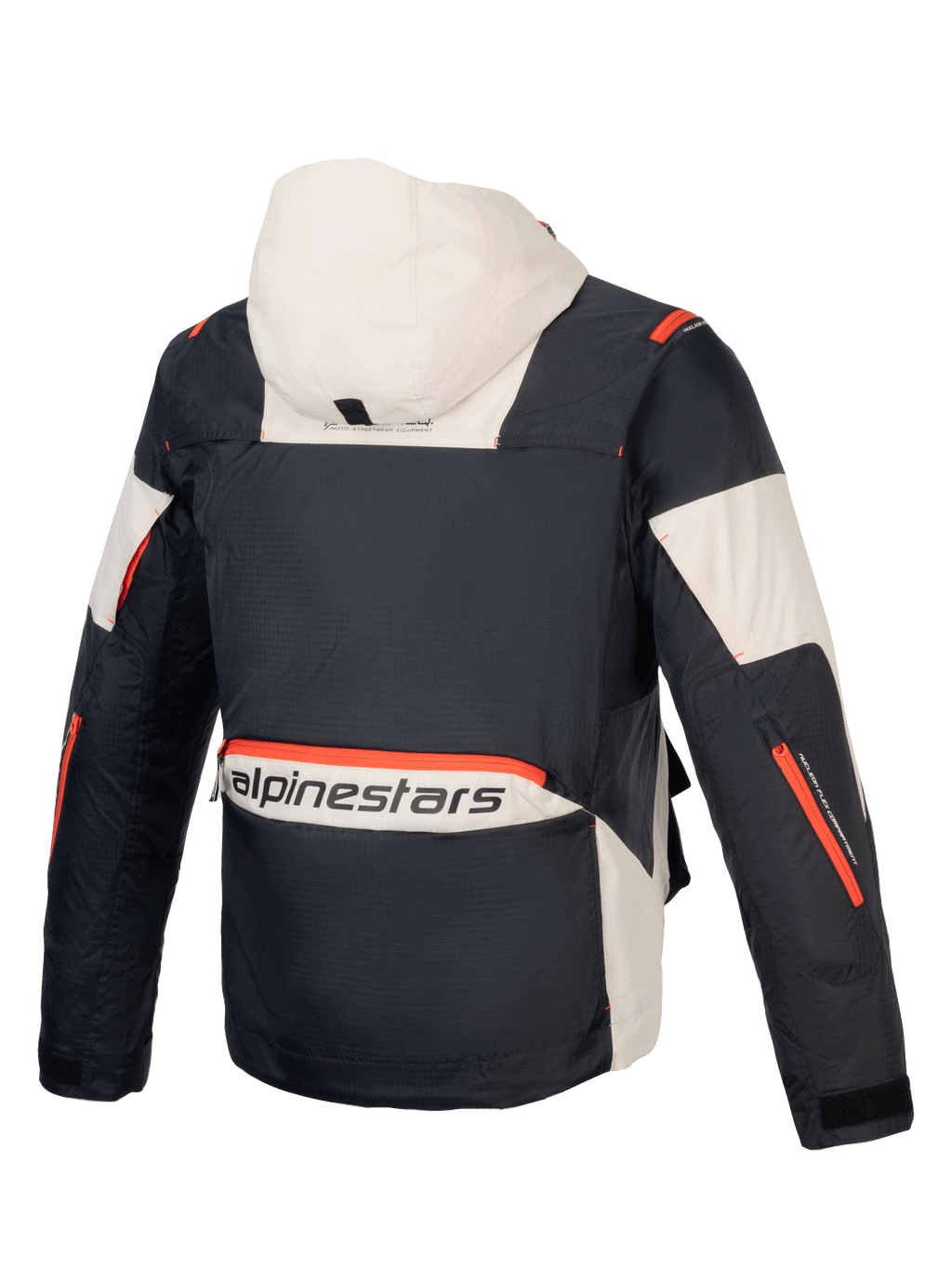 Alpinestars Kurtka Mogress Air, męska miejska kurtka motocyklowa, czarna i kremowa z pomarańczowymi akcentami, trwała tkanina ripstop, widok z tyłu z kapturem i dużym logo.