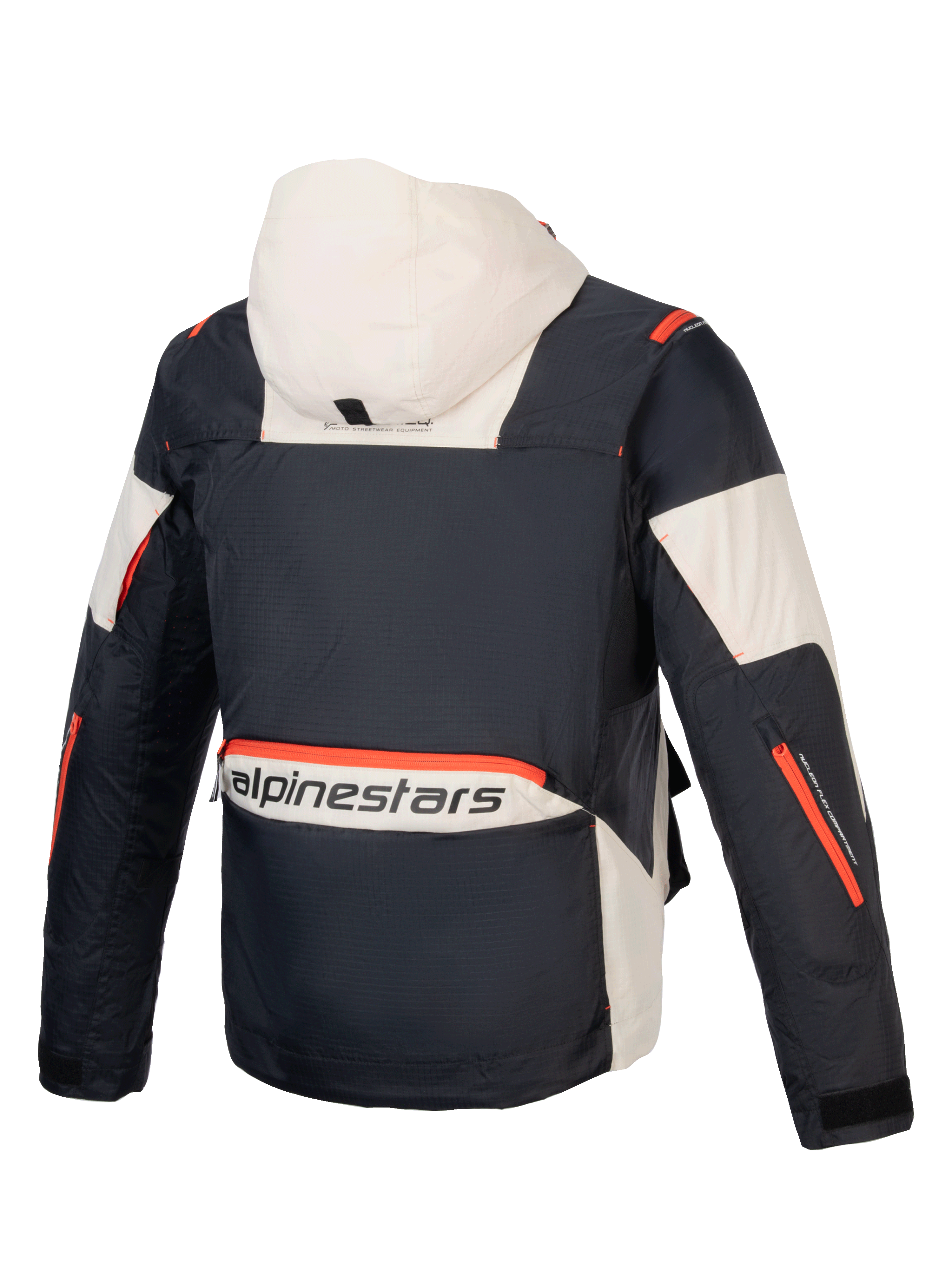 Alpinestars Kurtka Mogress Air, męska miejska kurtka motocyklowa, czarna i kremowa z pomarańczowymi akcentami, trwała tkanina ripstop, widok z tyłu z kapturem i dużym logo.