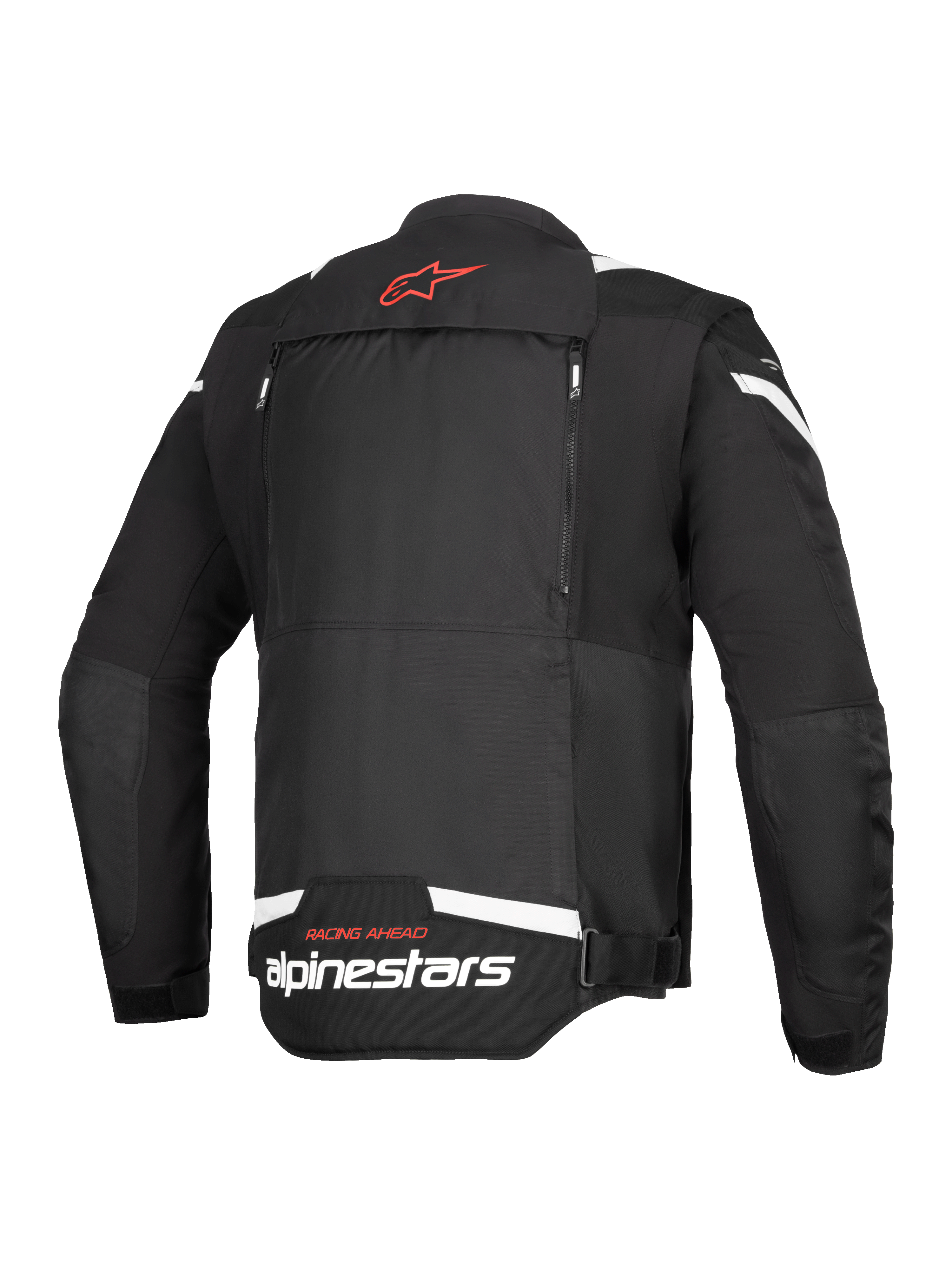 Kurtka Alpinestars T-Stunt Air, widok z tyłu, czarno-biała, czerwone logo gwiazdy na karku, białe logo na dole pleców, pionowe zamki modułowego systemu przepływu powietrza