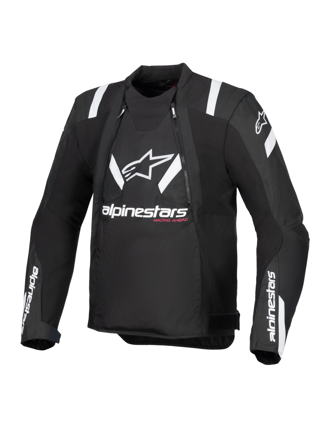 Alpinestars T-Stunt Air Jacket, czarno-biała, widok z przodu motocyklowej kurtki o sportowym kroju, duże białe logo i napis Alpinestars na klatce piersiowej, białe akcenty na ramionach, panele z siatki dla modułowej wentylacji