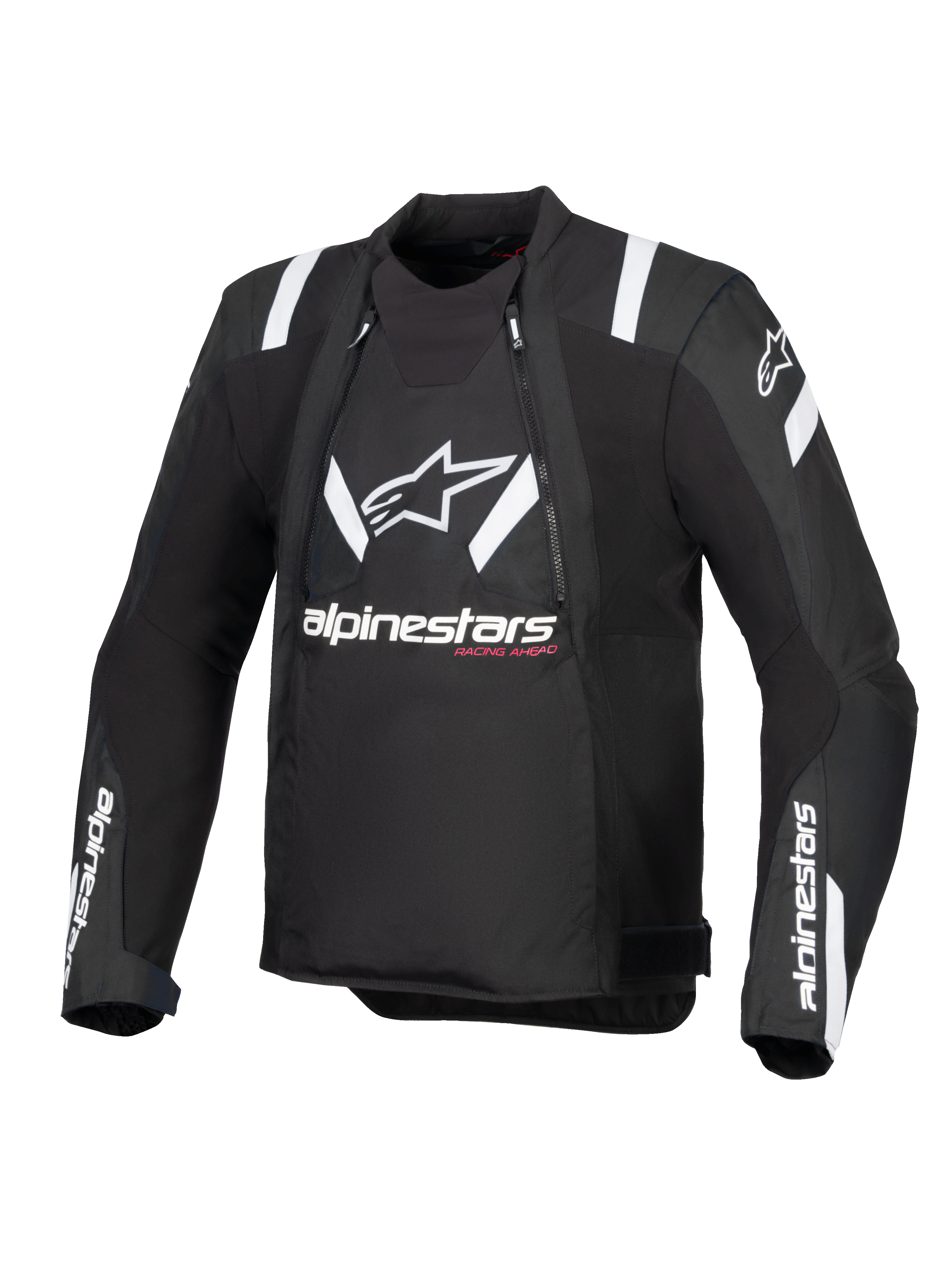 Alpinestars T-Stunt Air Jacket, czarno-biała, widok z przodu motocyklowej kurtki o sportowym kroju, duże białe logo i napis Alpinestars na klatce piersiowej, białe akcenty na ramionach, panele z siatki dla modułowej wentylacji