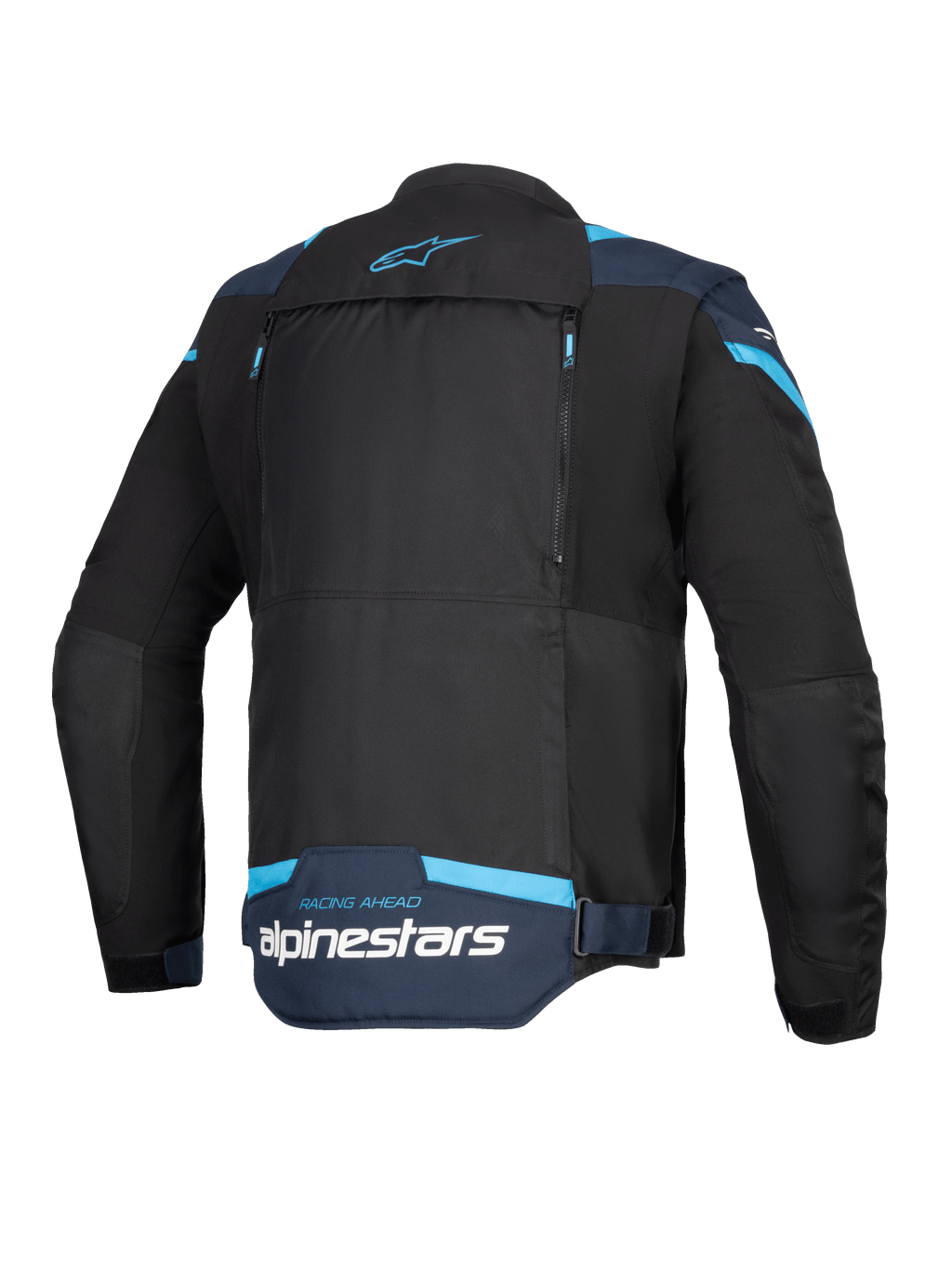 Alpinestars T-Stunt Air Jacket, kurtka motocyklowa, czarna, ciemnoniebieska i jasnoniebieska, widok z tyłu przedstawiający duży modułowy panel z zamkami błyskawicznymi, branding Alpinestars i napis „Racing Ahead” na dole pleców.