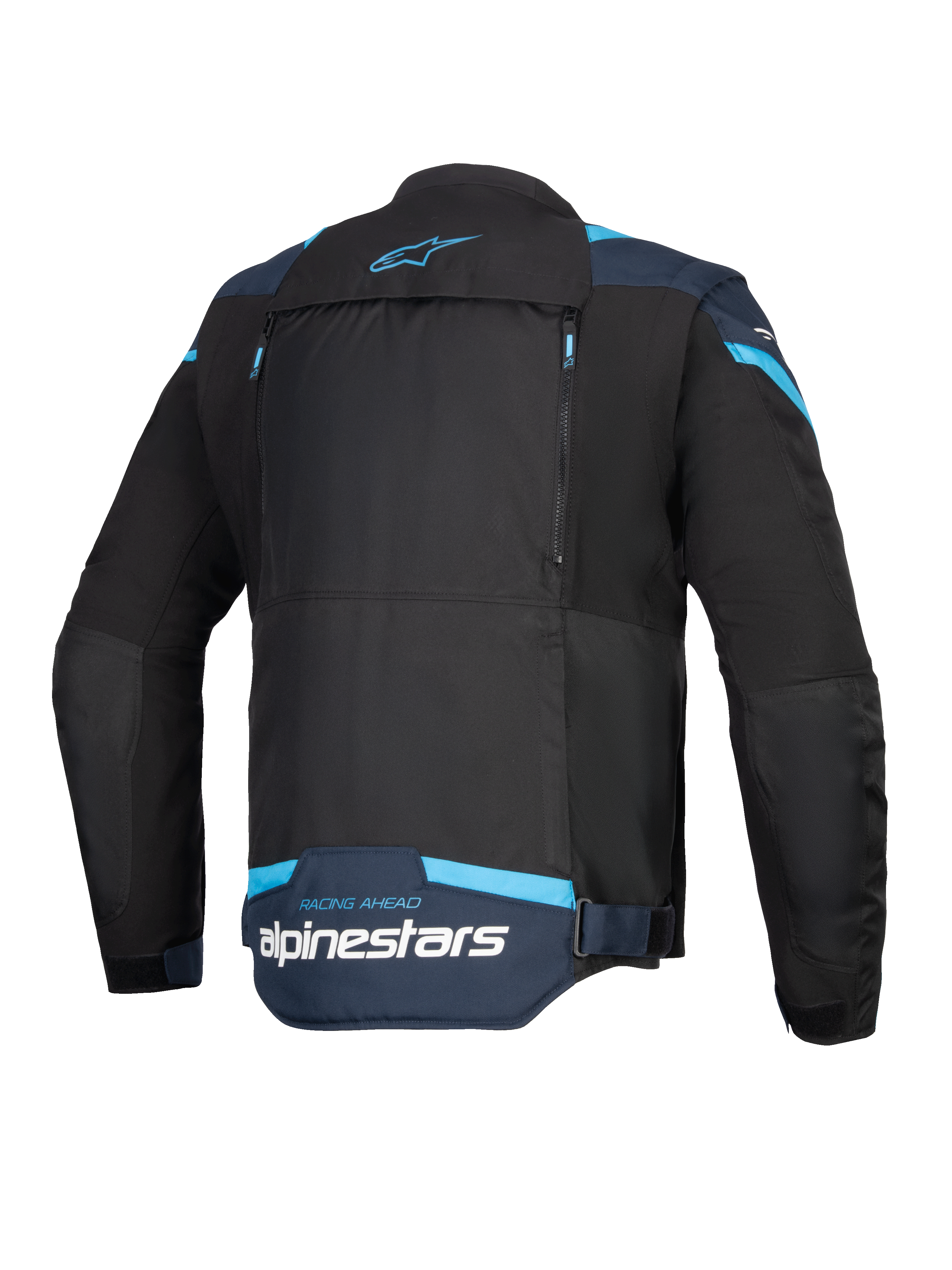 Alpinestars T-Stunt Air Jacket, kurtka motocyklowa, czarna, ciemnoniebieska i jasnoniebieska, widok z tyłu przedstawiający duży modułowy panel z zamkami błyskawicznymi, branding Alpinestars i napis „Racing Ahead” na dole pleców.