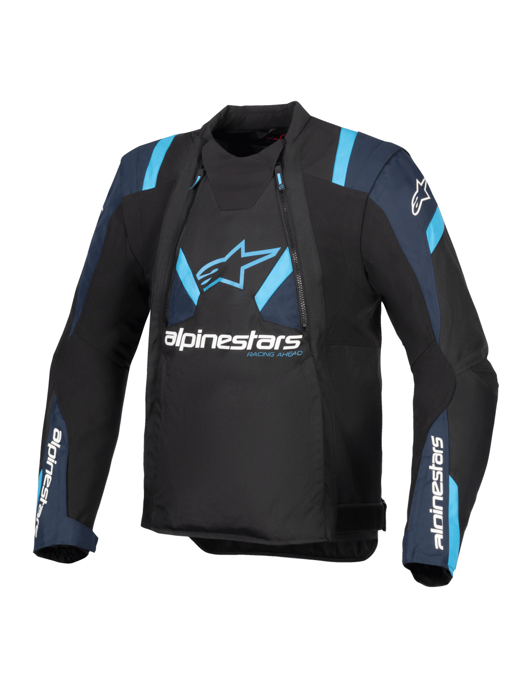 Alpinestars T-Stunt Air Jacket, czarna z ciemnoniebieskimi i jasnoniebieskimi akcentami, tekstylna kurtka motocyklowa z modułowymi panelami z siatki, logo Alpinestars na klatce piersiowej i rękawach, smukły sportowy krój