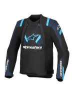 Alpinestars T-Stunt Air Jacket, czarna z ciemnoniebieskimi i jasnoniebieskimi akcentami, tekstylna kurtka motocyklowa z modułowymi panelami z siatki, logo Alpinestars na klatce piersiowej i rękawach, smukły sportowy krój