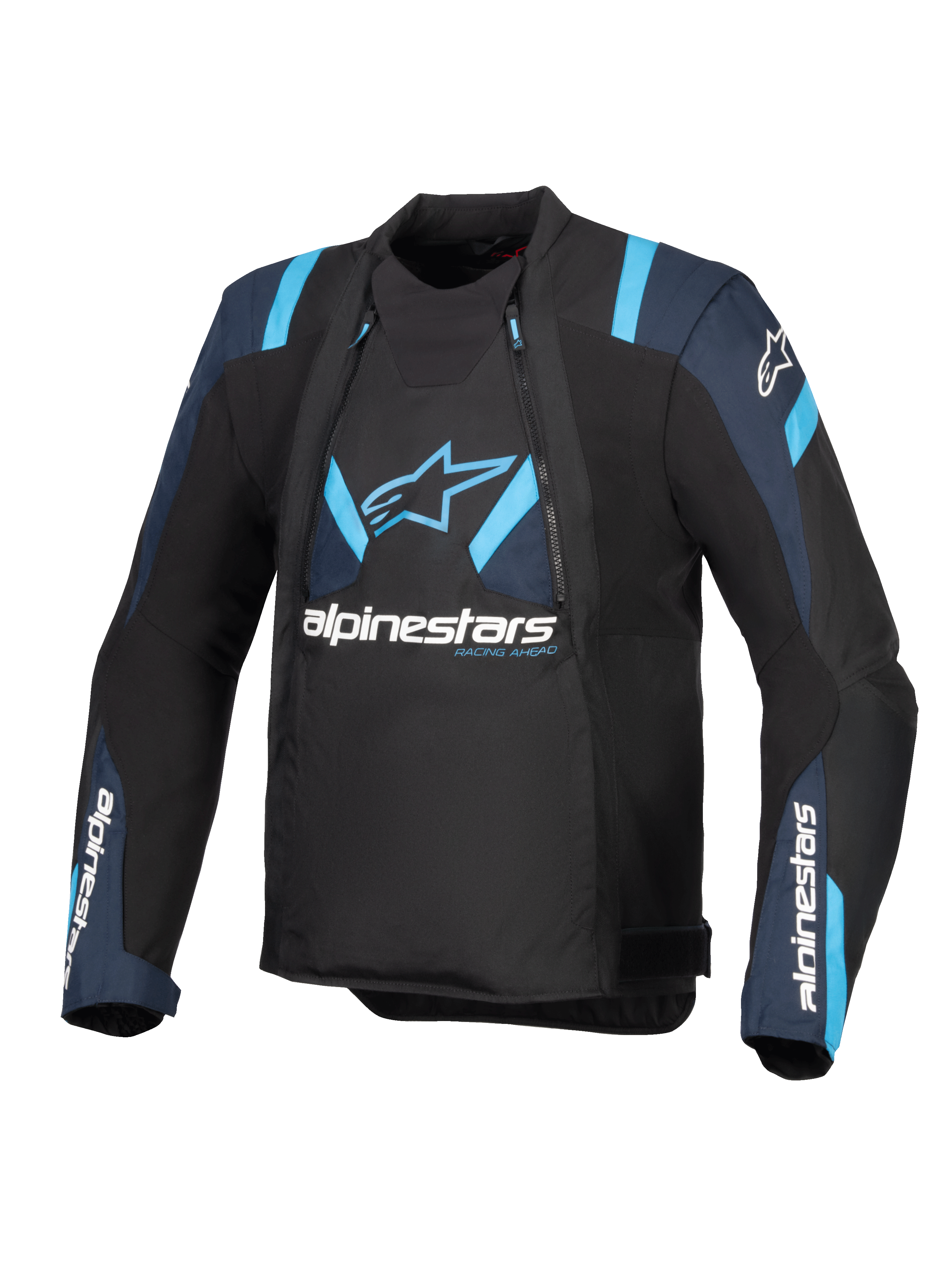 Alpinestars T-Stunt Air Jacket, czarna z ciemnoniebieskimi i jasnoniebieskimi akcentami, tekstylna kurtka motocyklowa z modułowymi panelami z siatki, logo Alpinestars na klatce piersiowej i rękawach, smukły sportowy krój