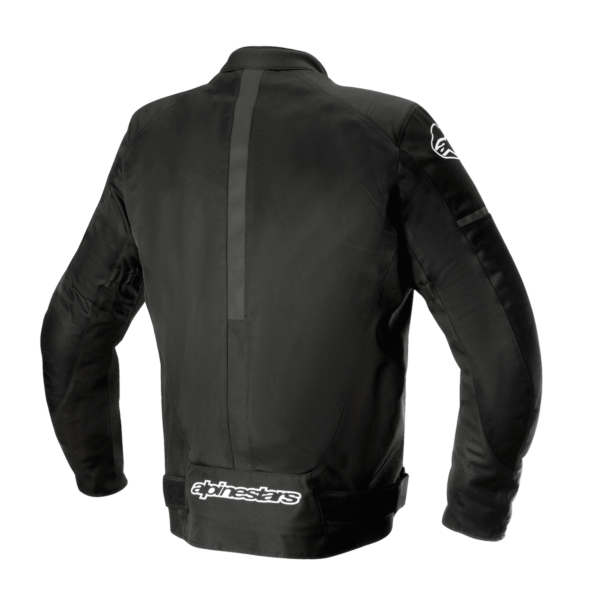 Alpinestars T-SP X Superair Jacket, czarna kurtka motocyklowa, widok z tyłu prezentujący konstrukcję tekstylną i siatkową, obszerne panele mesh dla wentylacji, białe logo Alpinestars na dole pleców, sportowy krój