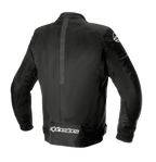 Alpinestars T-SP X Superair Jacket, czarna kurtka motocyklowa, widok z tyłu prezentujący konstrukcję tekstylną i siatkową, obszerne panele mesh dla wentylacji, białe logo Alpinestars na dole pleców, sportowy krój
