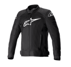Alpinestars T-SP X Superair Jacket, czarna kurtka motocyklowa, duże białe logo Alpinestars na piersi, panele z siatki zapewniające przepływ powietrza, zamek błyskawiczny z przodu, regulowane paski w talii, profilowane rękawy, sportowy design szosowy