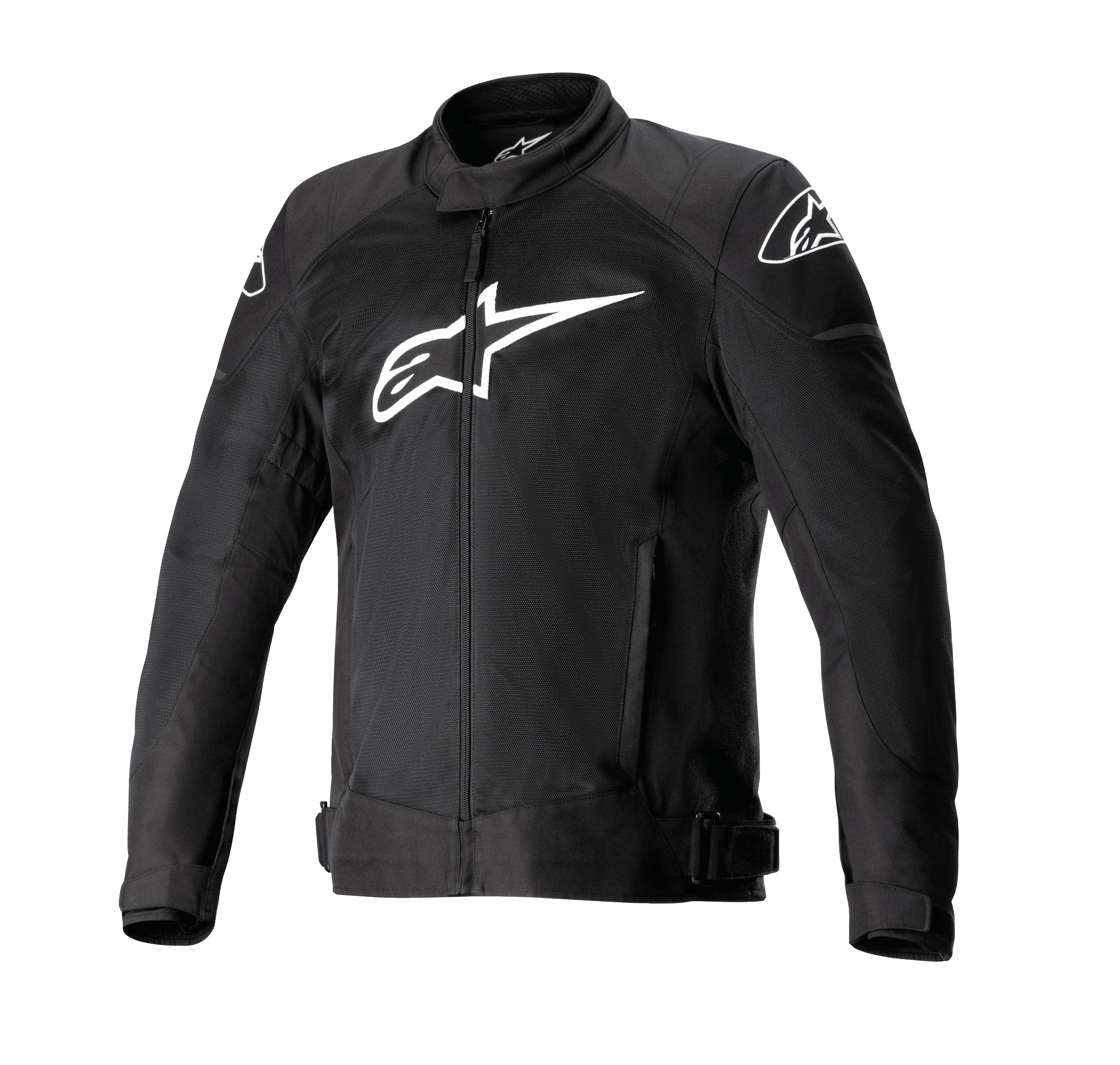 Alpinestars T-SP X Superair Jacket, czarna kurtka motocyklowa, duże białe logo Alpinestars na piersi, panele z siatki zapewniające przepływ powietrza, zamek błyskawiczny z przodu, regulowane paski w talii, profilowane rękawy, sportowy design szosowy