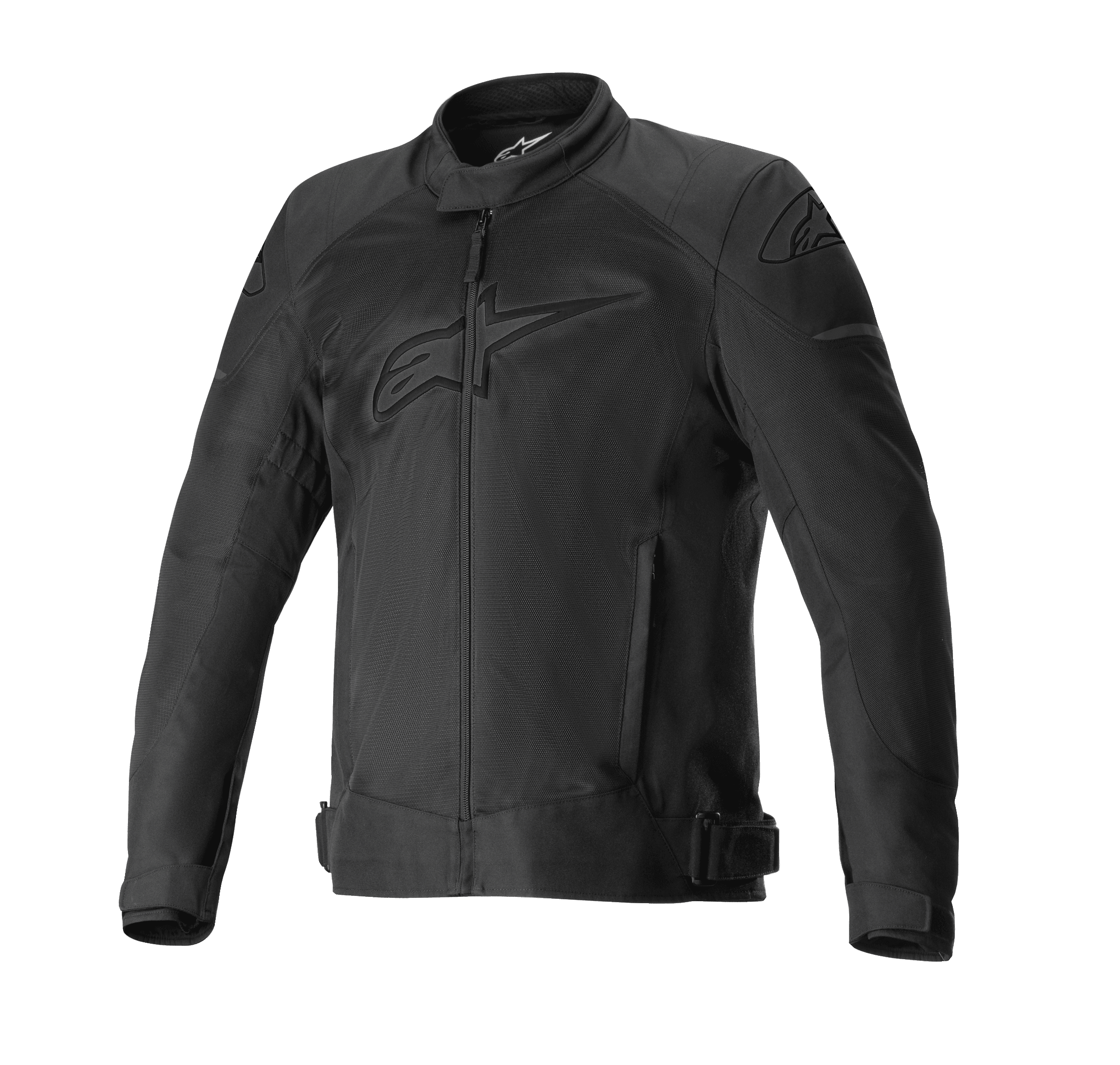 Alpinestars T-SP X Superair Jacket, czarna kurtka motocyklowa, tonalne logo na klatce piersiowej i ramionach, rozległe panele z siatki zapewniające przepływ powietrza, zamek błyskawiczny z przodu, boczne kieszenie i regulowane paski w talii, sportowy design do jazdy szosowej