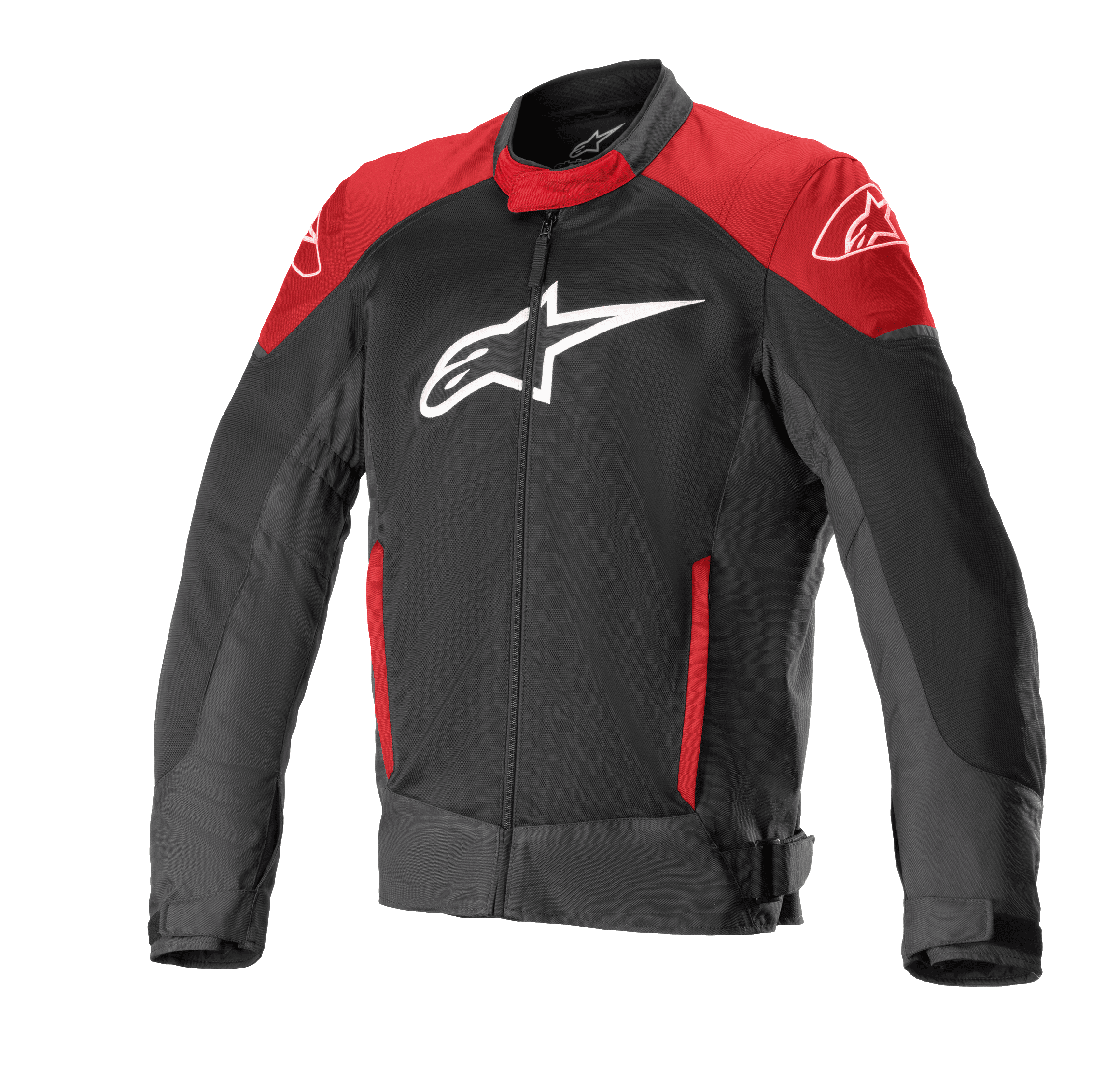 Alpinestars T-SP X Superair Jacket, Motorcycle Riding Jacket, Black and Bright Red, featuring a large white logo on the chest, red panels on the shoulders and pockets, technical mesh fabric for ventilation, and a tailored sport fit.