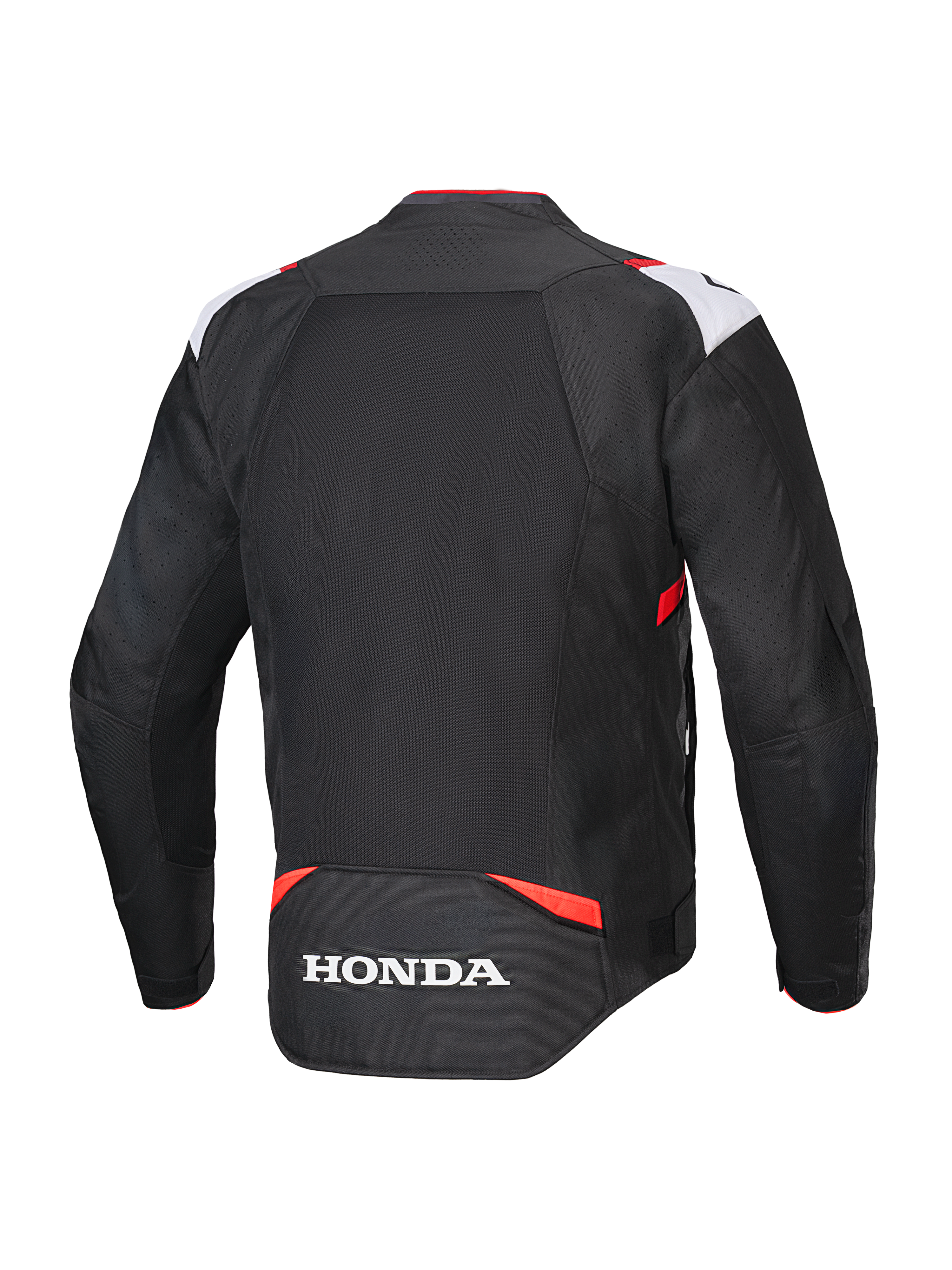 Alpinestars Honda T-SPS Air V2 Jacket, textile motorcycle jacket, Black White and Bright Red, back view showing large mesh panel for airflow and white Honda logo on the lower back, sport-style design for summer urban riding
