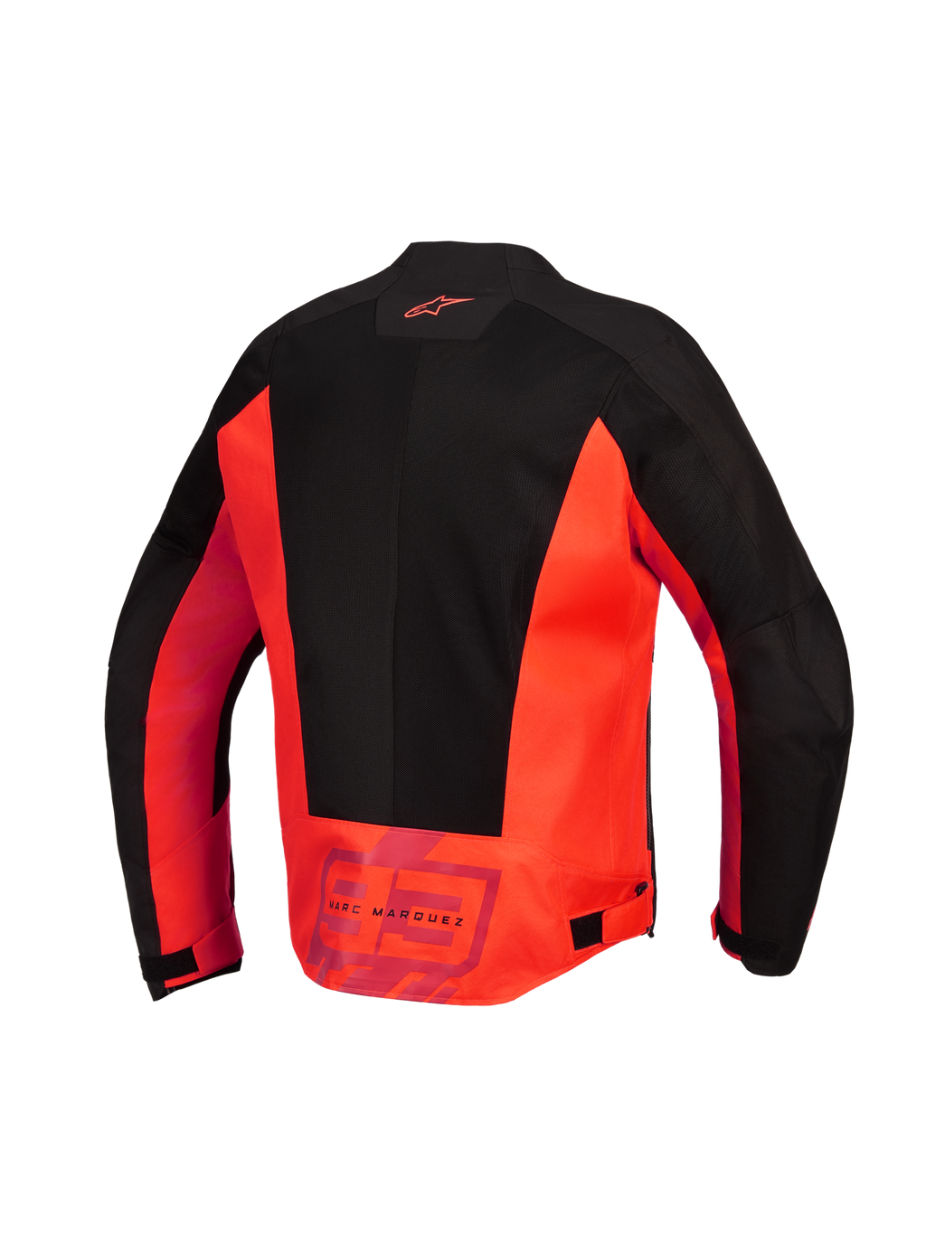 Alpinestars MM93 C-1 Air Jacket, widok z tyłu, kolor czerwony fluo i czarny, tekstylna kurtka motocyklowa z dużymi panelami z siatki technicznej, logo Alpinestars w górnej części pleców oraz branding „MM93 Marc Marquez” w dolnej części pleców, regulowane paski w talii