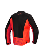 Alpinestars MM93 C-1 Air Jacket, widok z tyłu, kolor czerwony fluo i czarny, tekstylna kurtka motocyklowa z dużymi panelami z siatki technicznej, logo Alpinestars w górnej części pleców oraz branding „MM93 Marc Marquez” w dolnej części pleców, regulowane paski w talii