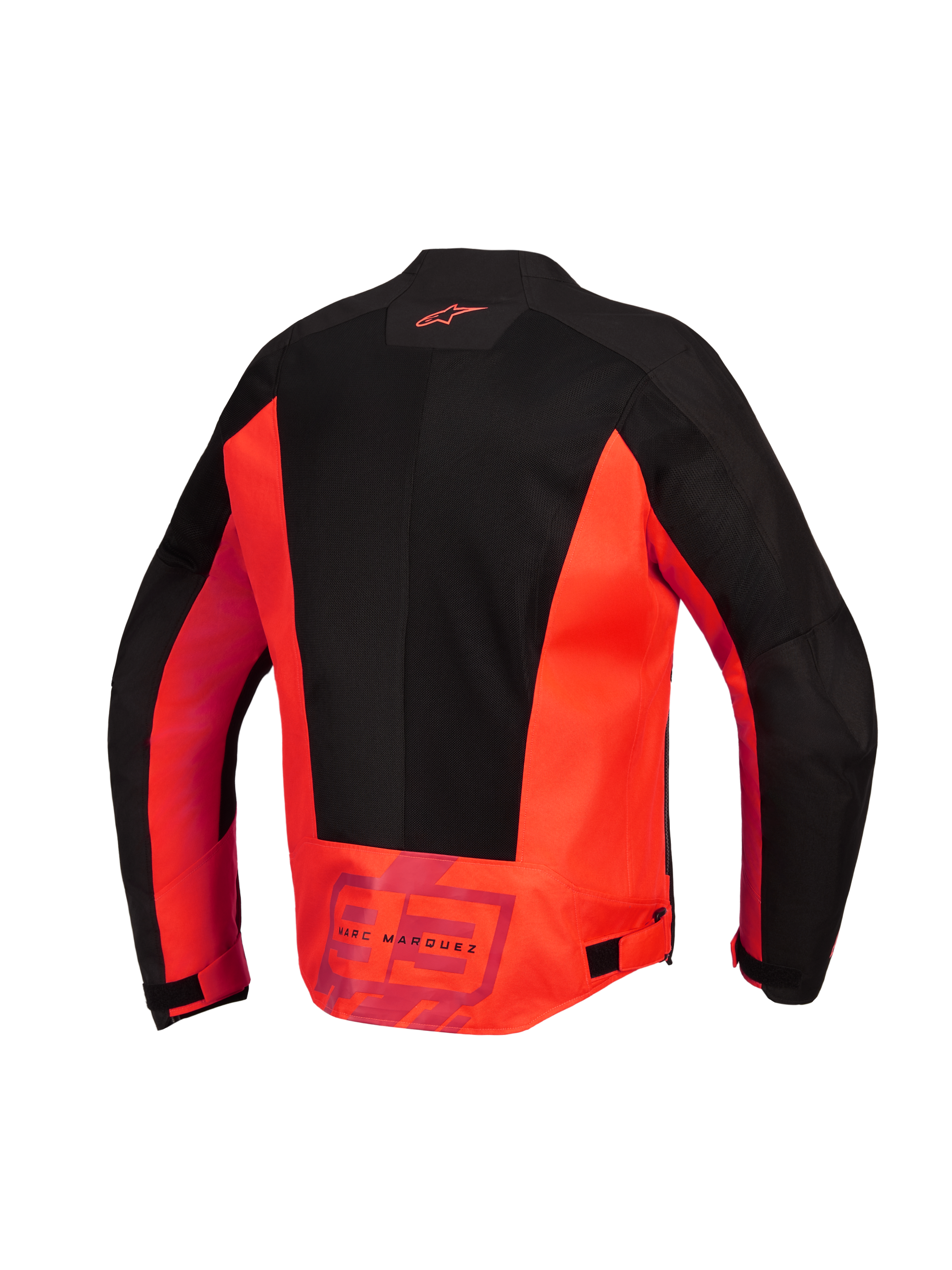 Alpinestars MM93 C-1 Air Jacket, widok z tyłu, kolor czerwony fluo i czarny, tekstylna kurtka motocyklowa z dużymi panelami z siatki technicznej, logo Alpinestars w górnej części pleców oraz branding „MM93 Marc Marquez” w dolnej części pleców, regulowane paski w talii